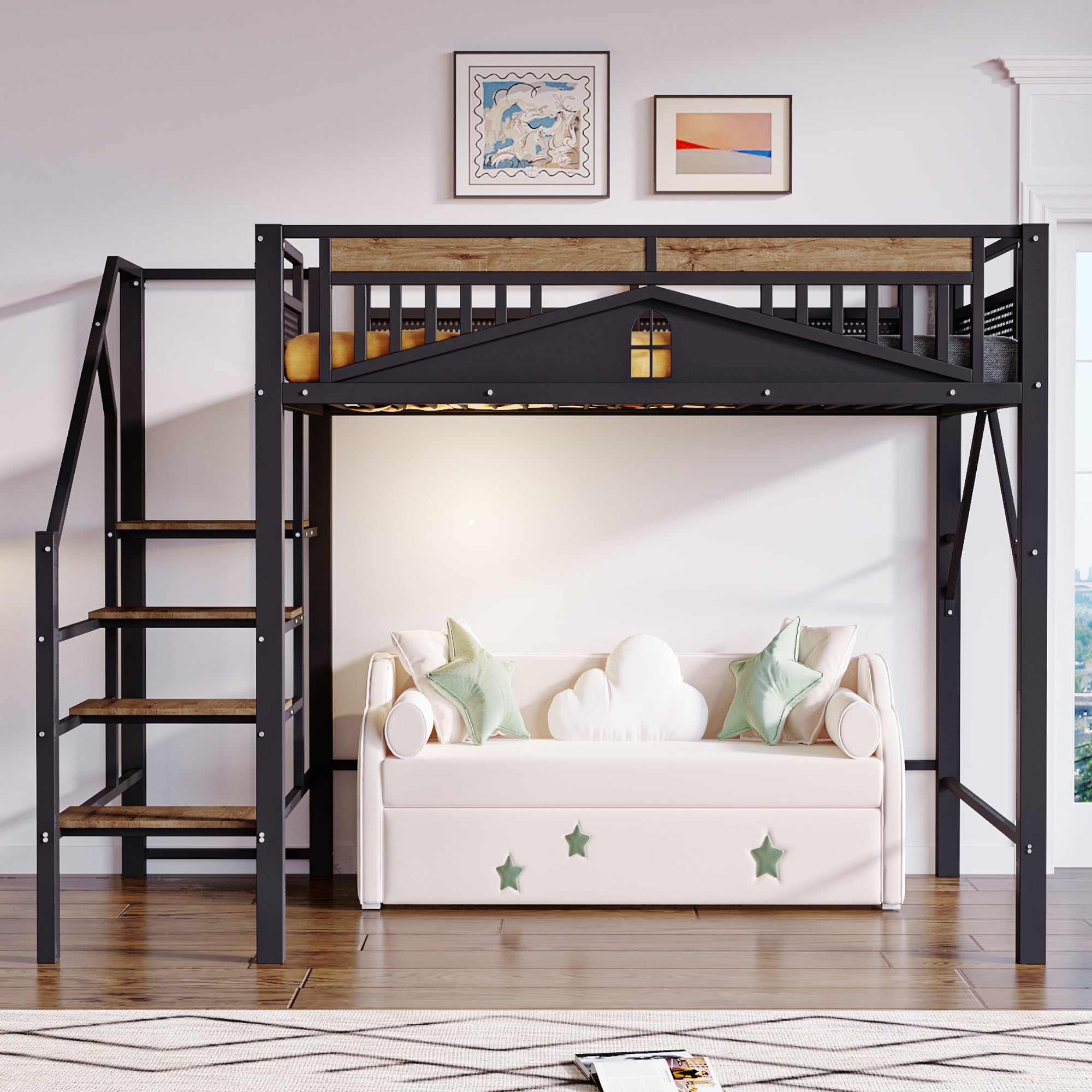 Metal Loft Bed, 140x200cm, Window Design, Safety Ladder, Storage, Black