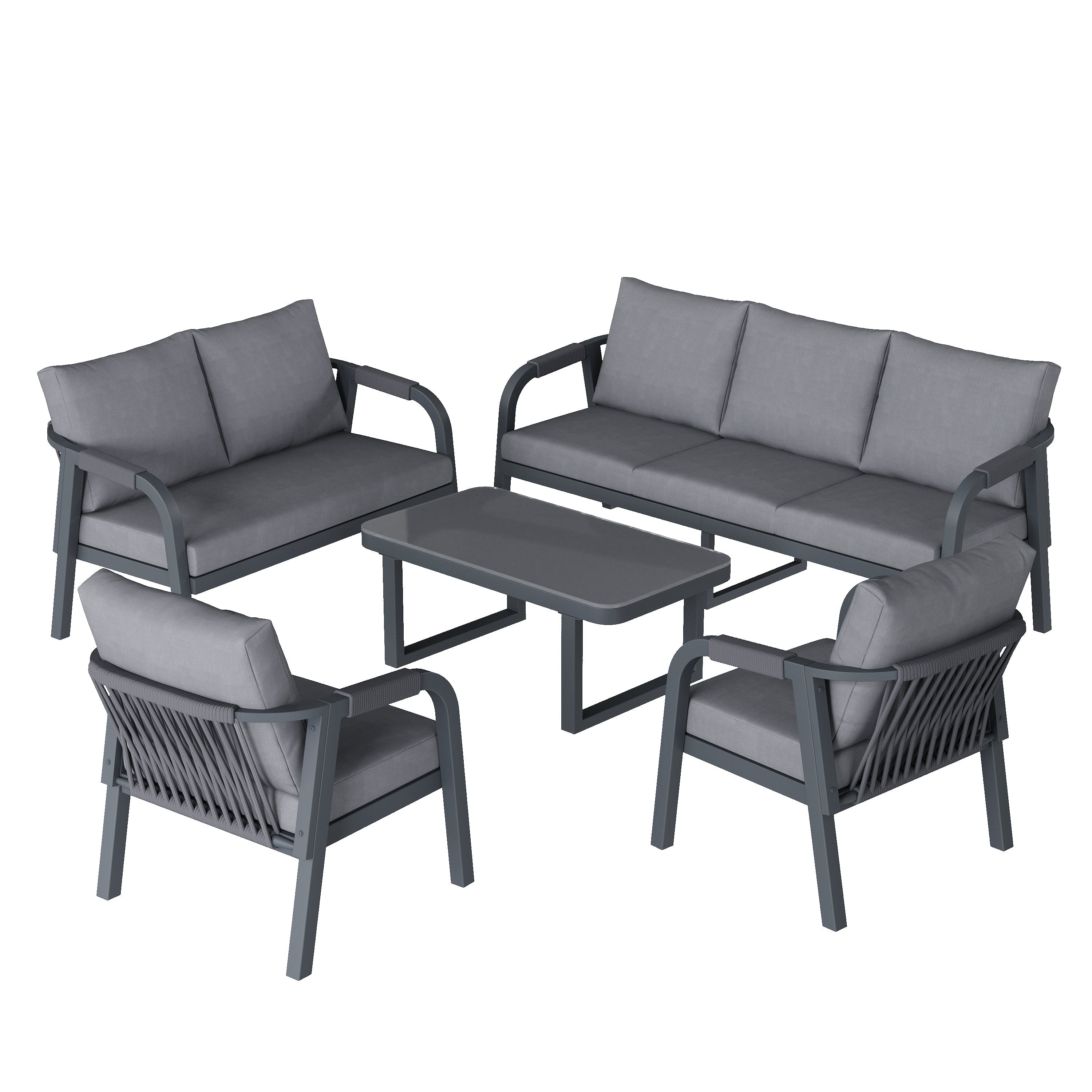 Garden Lounge Set, 7-Seater with Sofas, Armchairs and Coffee Table, Woven Rope and Galvanized Iron, Grey