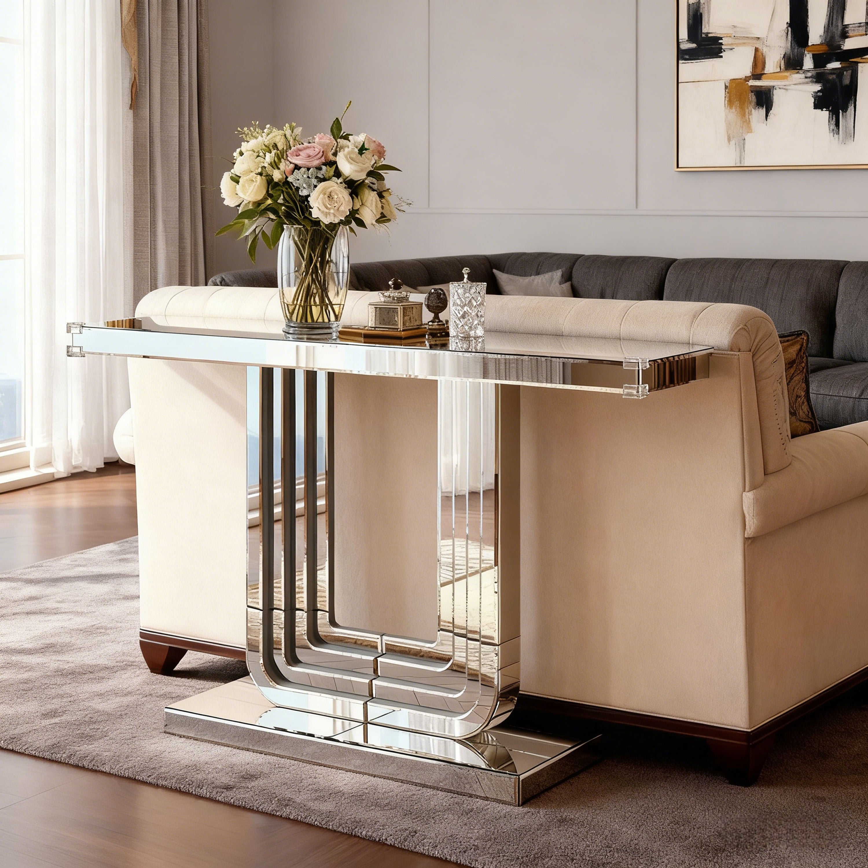Mirrored Console Table 120cm Modern U-Shape - Silver