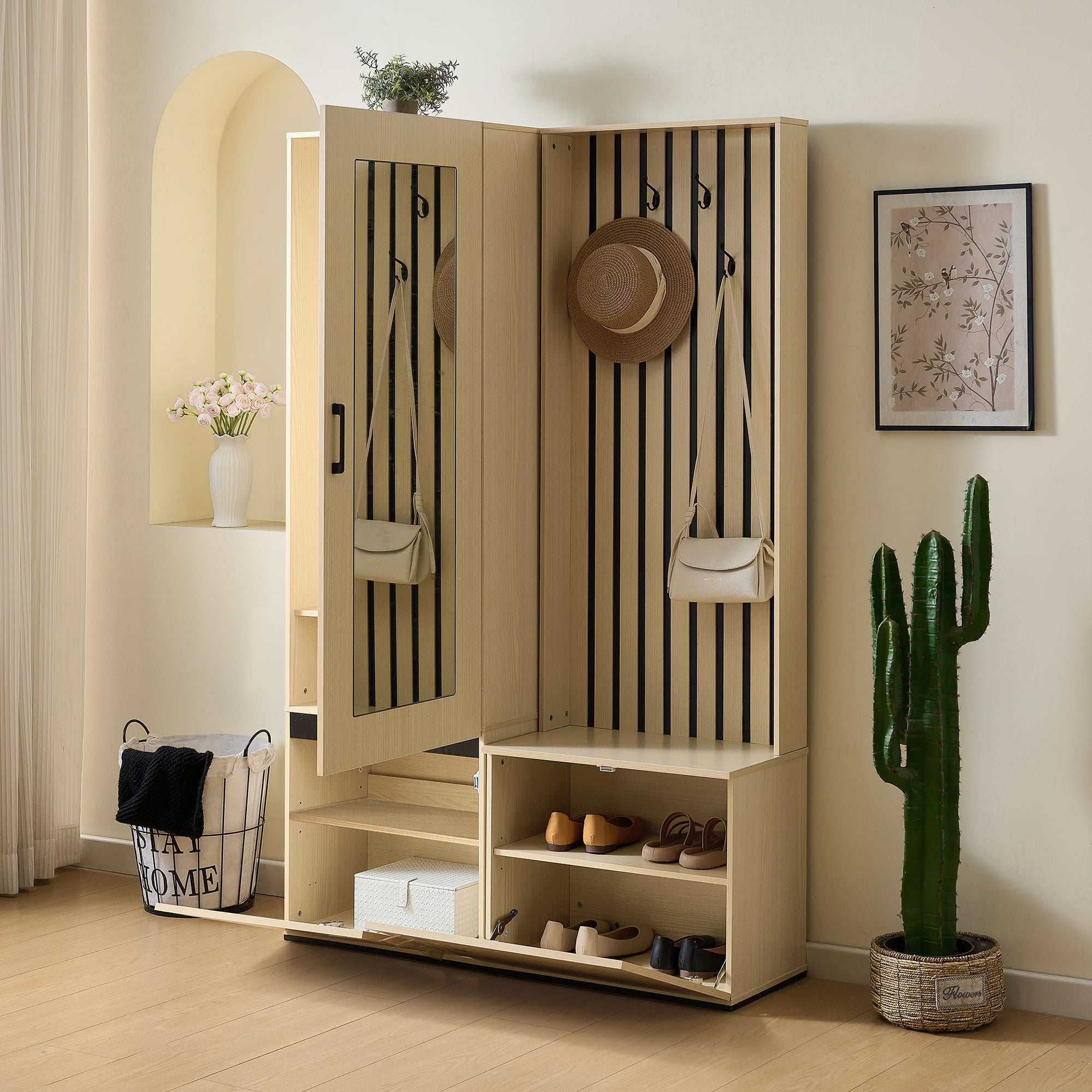 Combined Wardrobe Hallway Set with Mirror, Bench, Shoe Rack, Extendable Clothes Rail