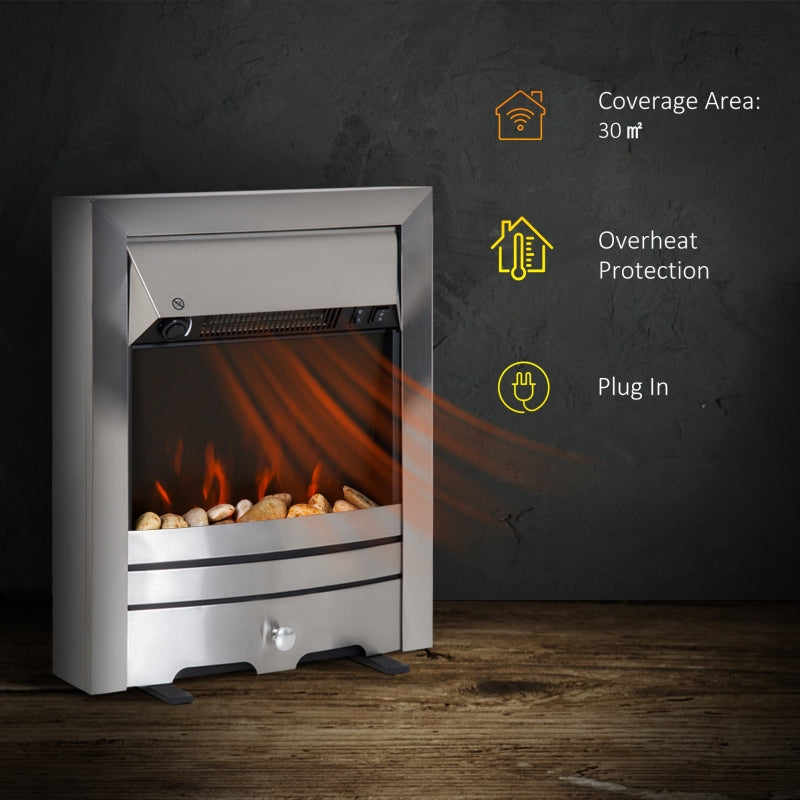 Electric Fireplace, 2KW Pebble Effect Fire Heater, Stainless Steel