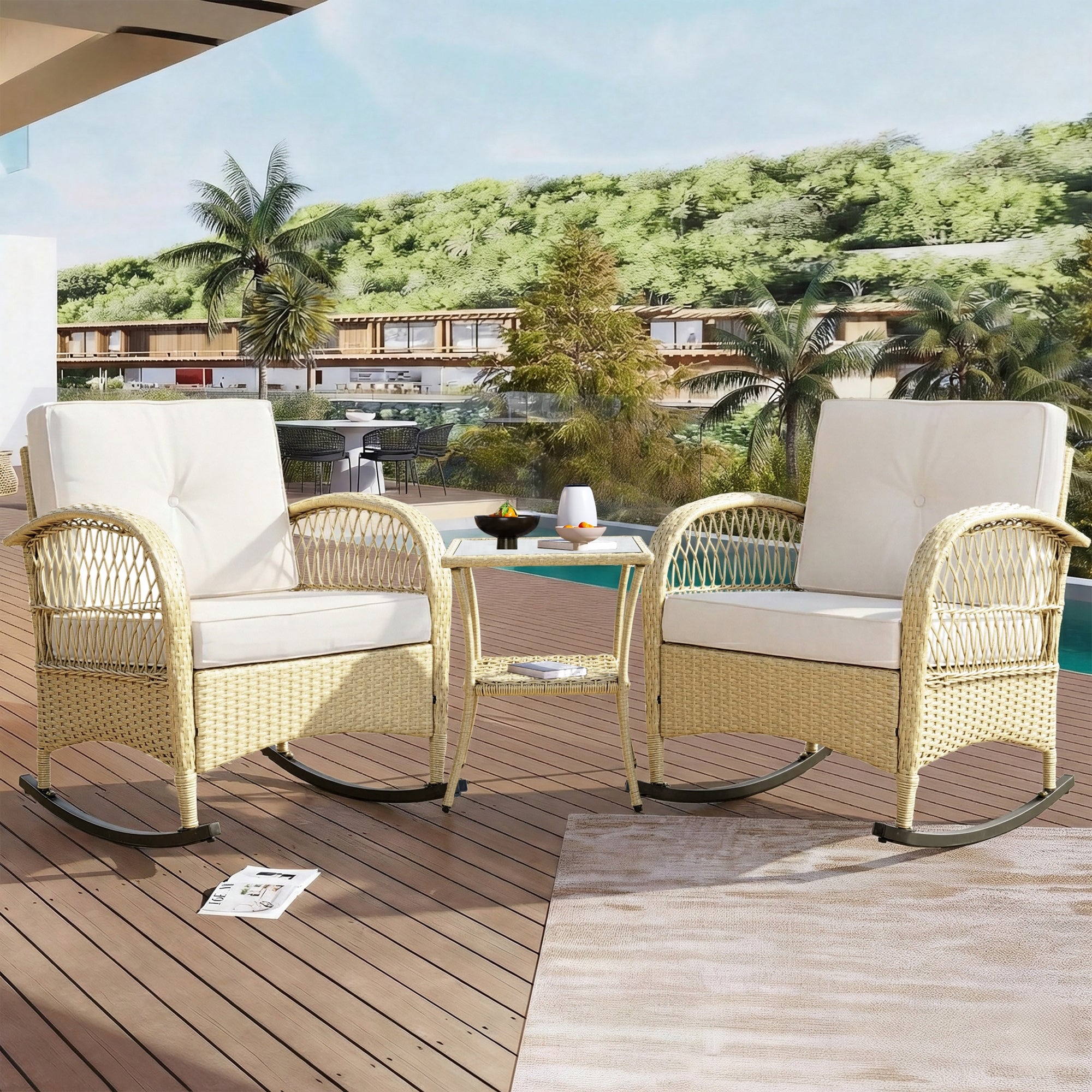 Rattan Balcony Furniture Set, 3-Piece Rocking Chairs with Cushions and 160kg Capacity, Beige Rattan