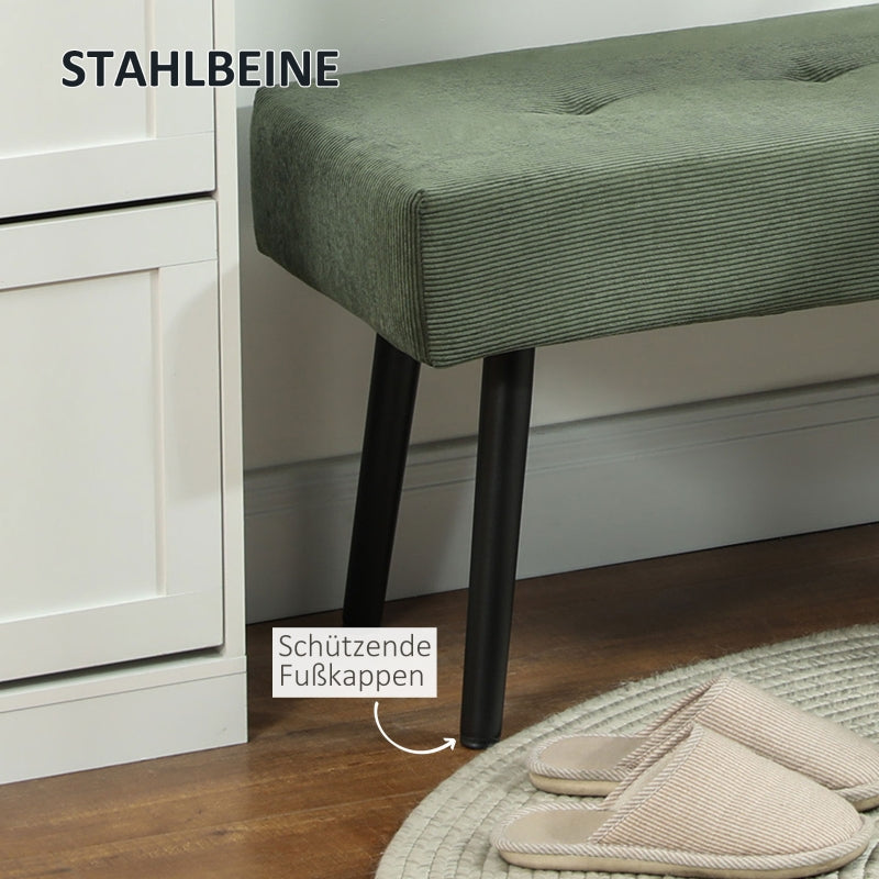 Upholstered bench with corduroy cover, metal legs, 100 x 36 x 45 cm, green