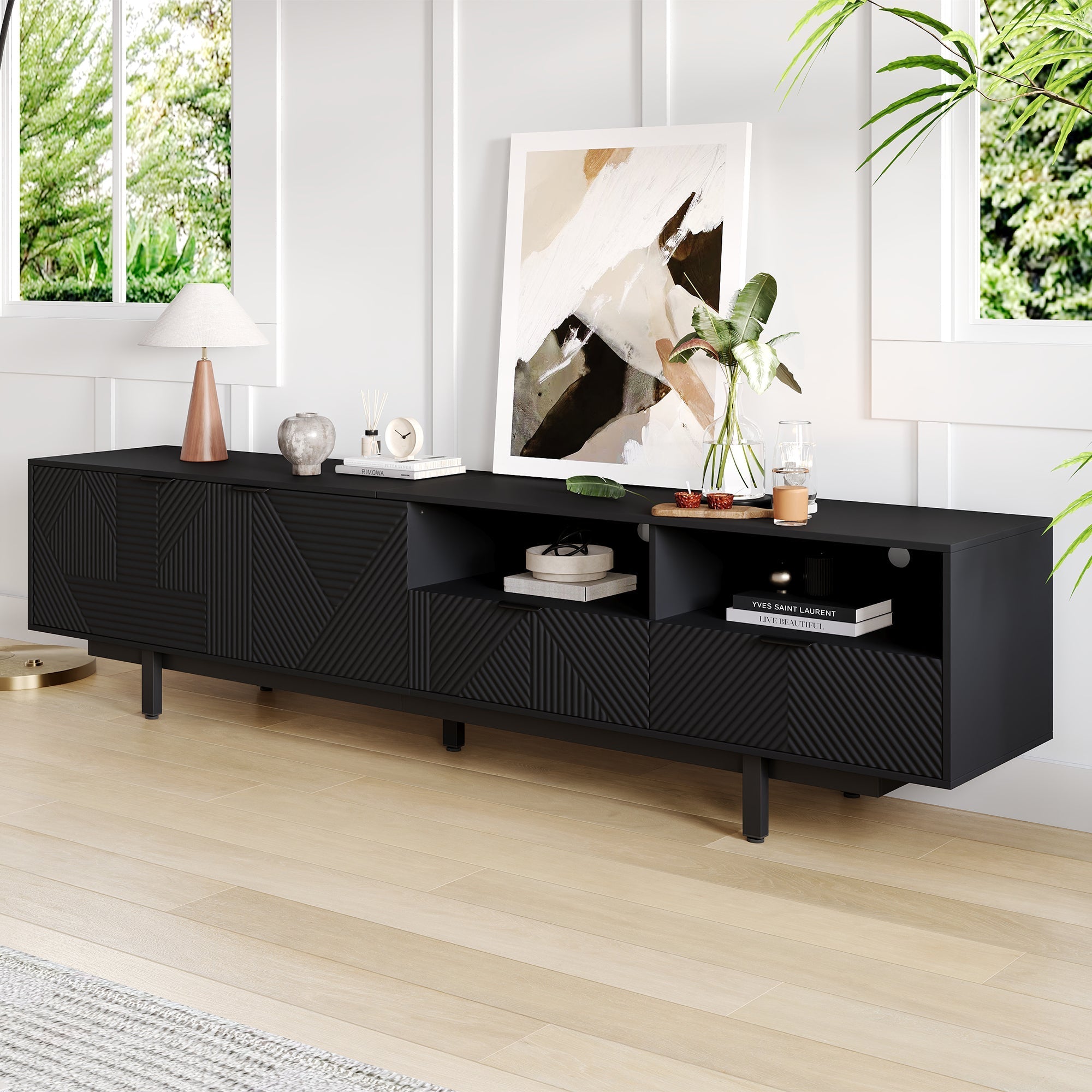 TV Cabinet, Modern Bohemian, Abstract Geometric, 90-inch, Black