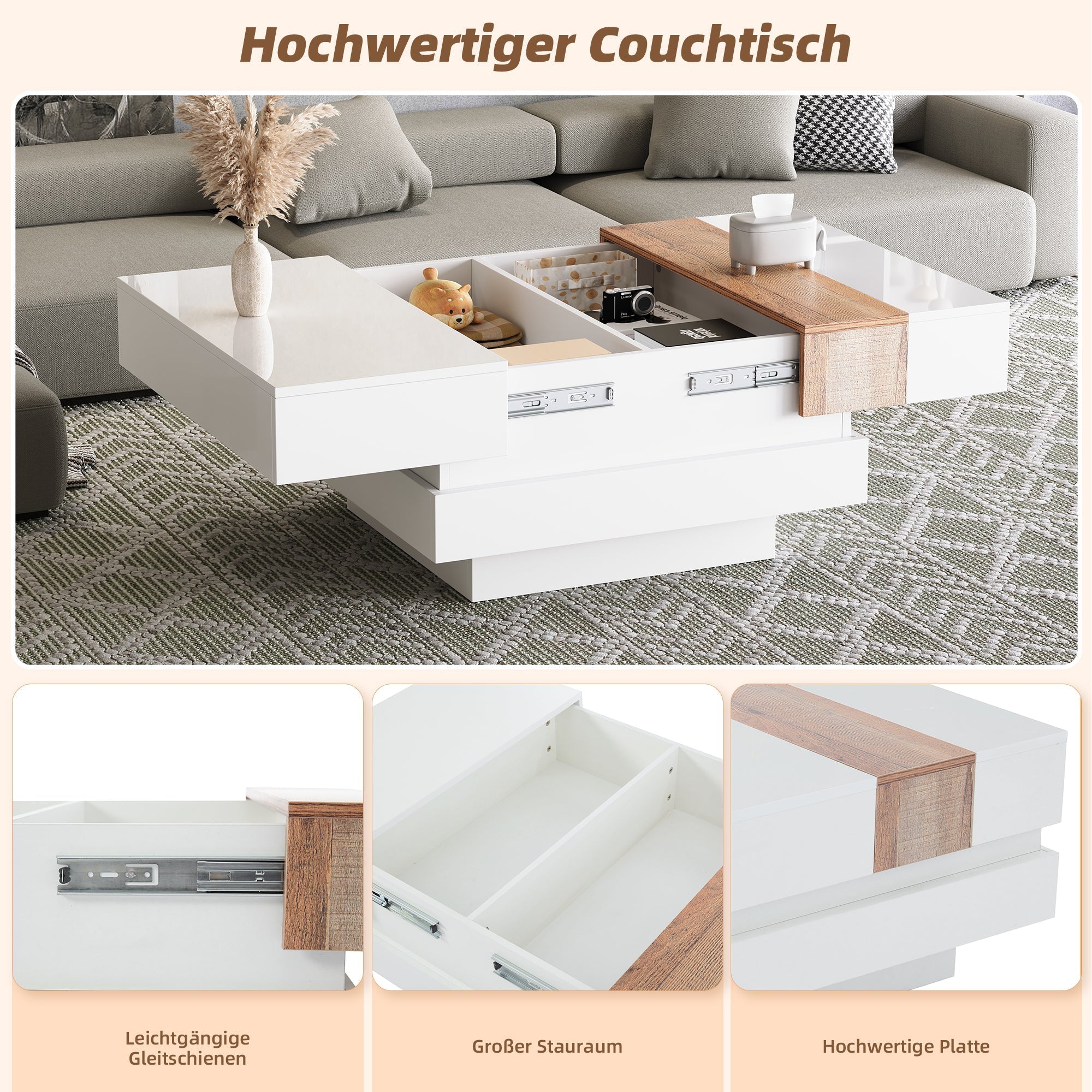 Coffee Table, Square with Extendable Top & Hidden Storage, White High Gloss