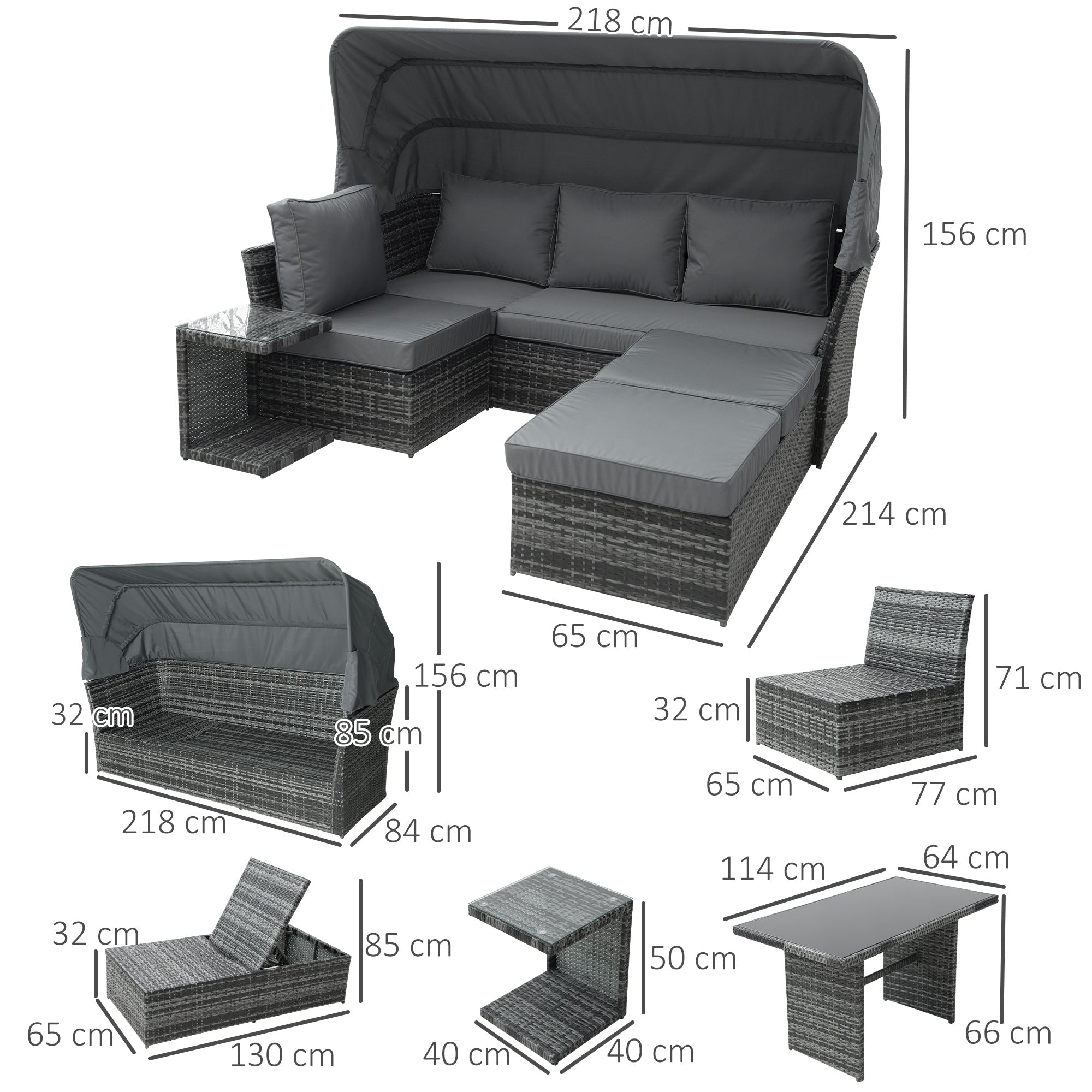 5 PCS Rattan Wicker Sofa Set, Reclining Sofa, Canopy, Side Table & Dining Table, Mixed Grey