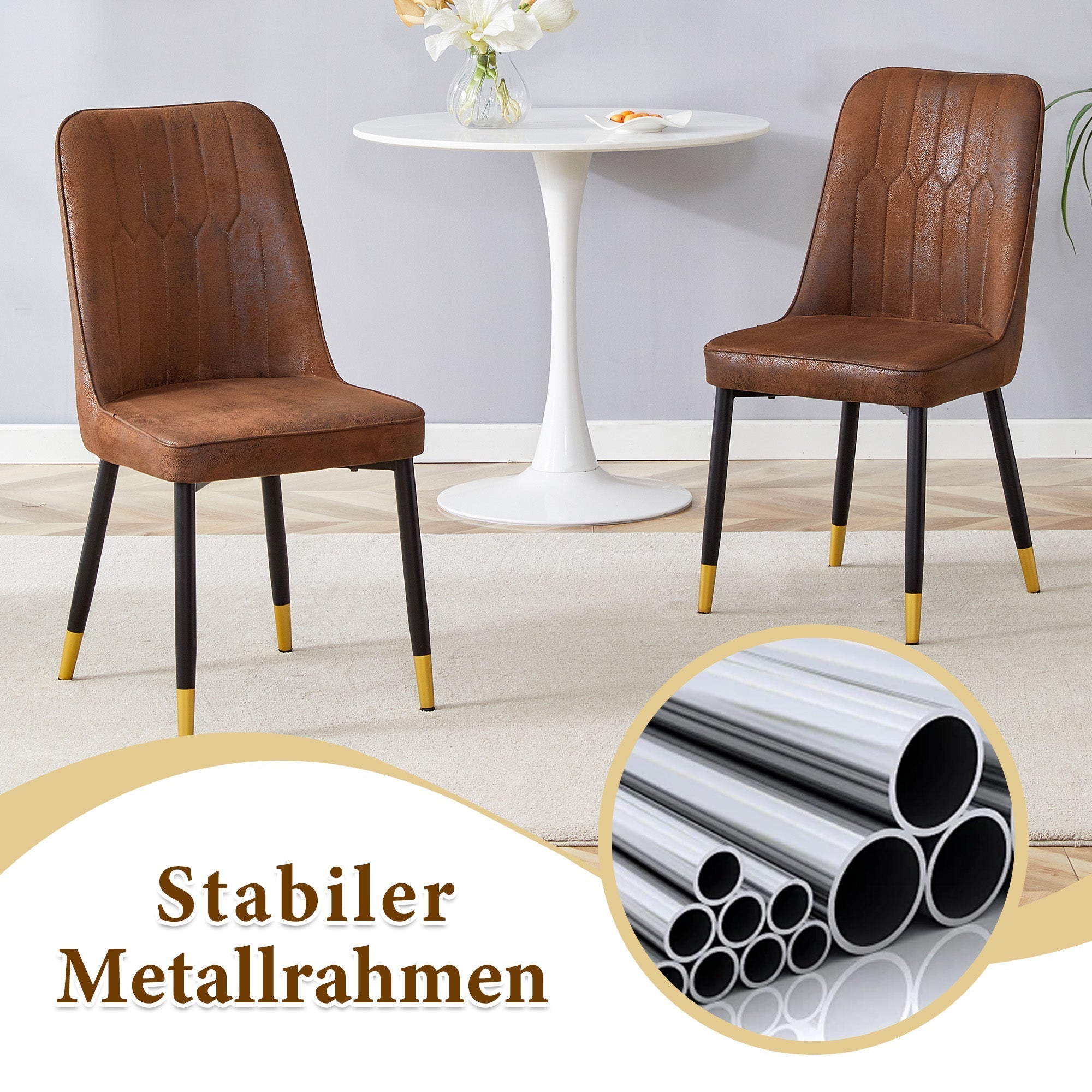 Round Dining Set 100cm 4 Tech Fabric Chairs - Black Wood Look/Brown