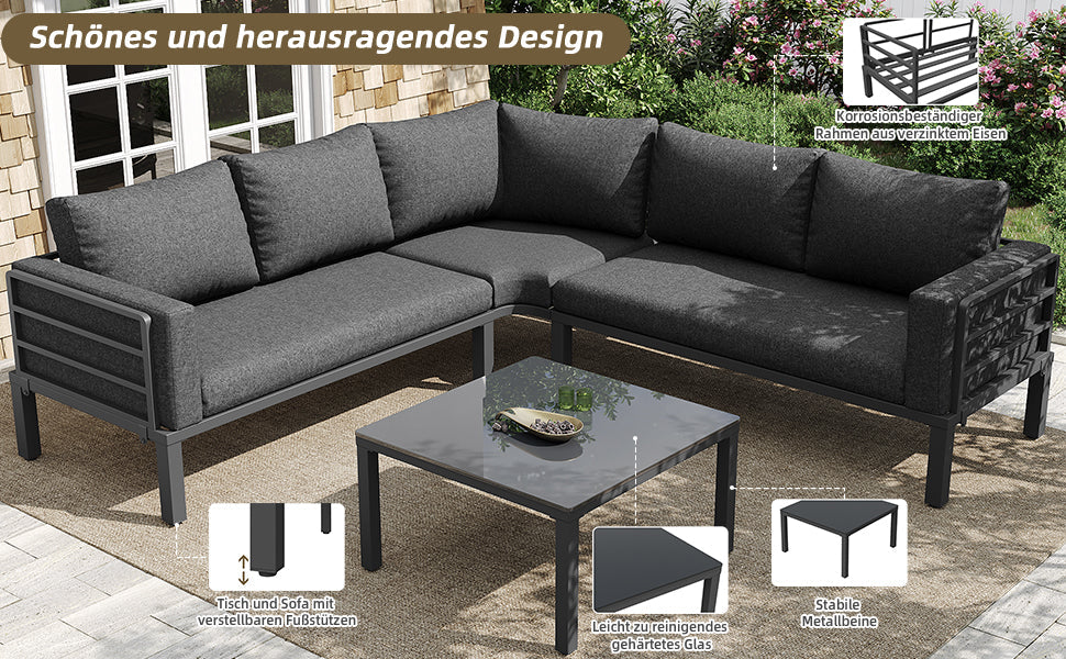 Garden Furniture Set 4-5 Seater with Tempered Glass Coffee Table Adjustable Legs Galvanized Iron Grey Cushions