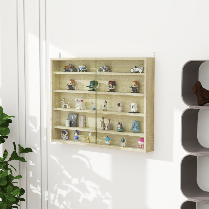 5-Tier Wall Display Cabinet with 4 Adjustable Shelves and Glass Doors, Oak