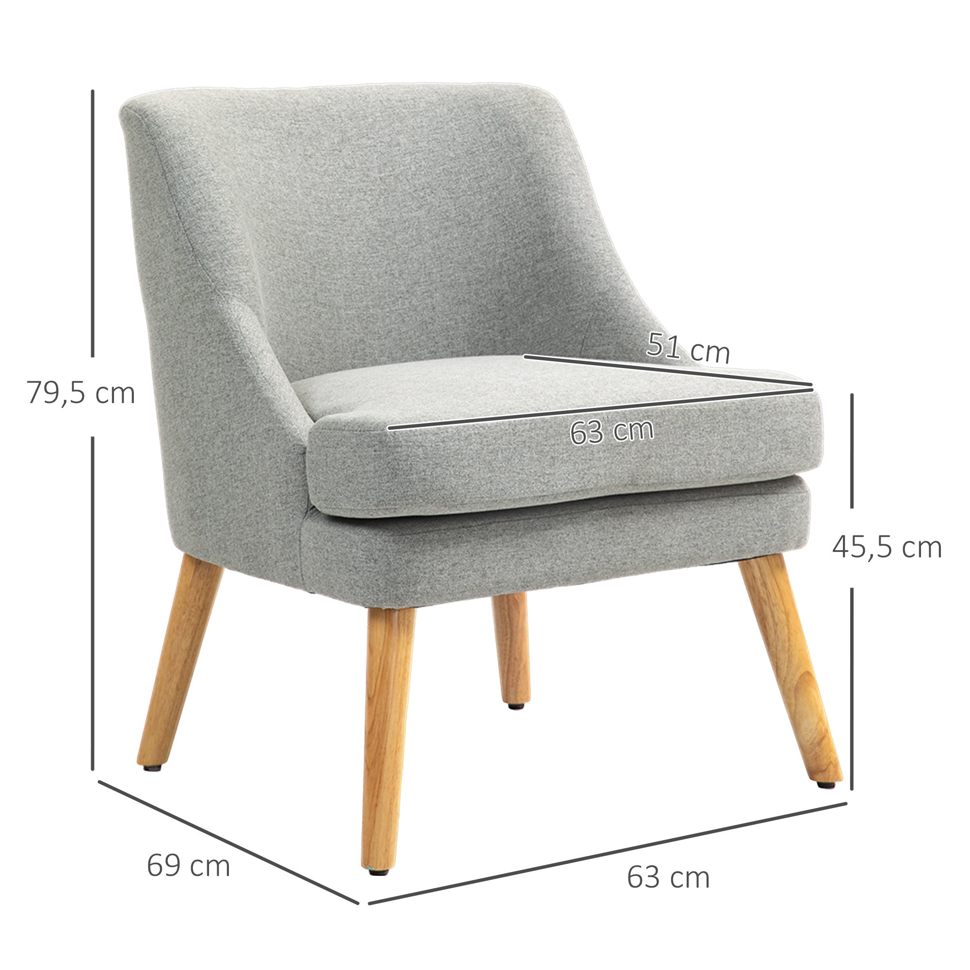 Armchair Lounge Chair, Upholstered with Armrest, Wooden Legs, Light Grey