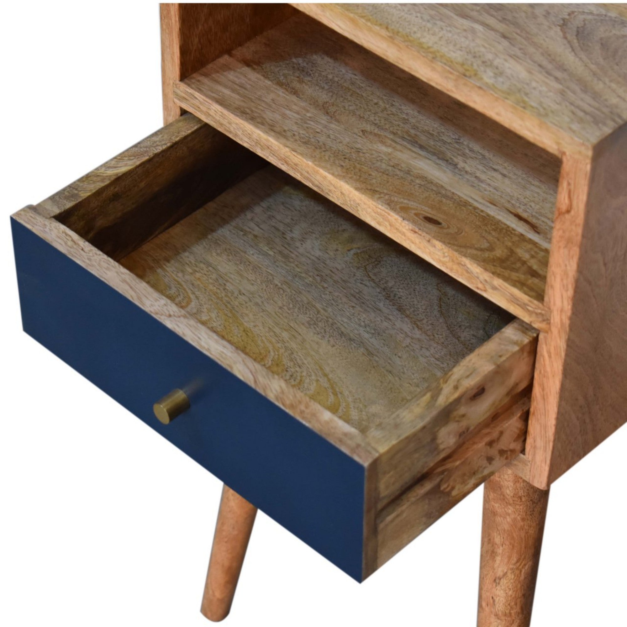 Solid Wood Bedside, Mini 1 Drawer Open Shelf, Navy Blue Hand Painted Light Brown
