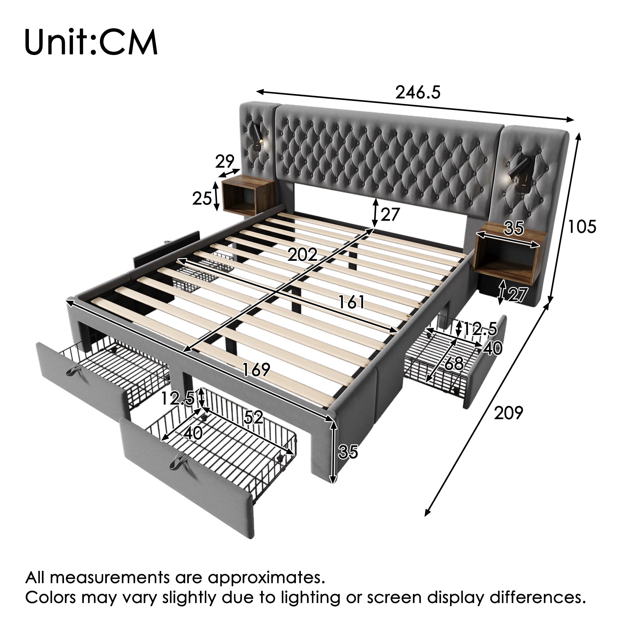 Bedroom Set, Upholstered Double Bed with 2 Nightstands & 4 Drawers, USB Reading Light, Gray Velvet