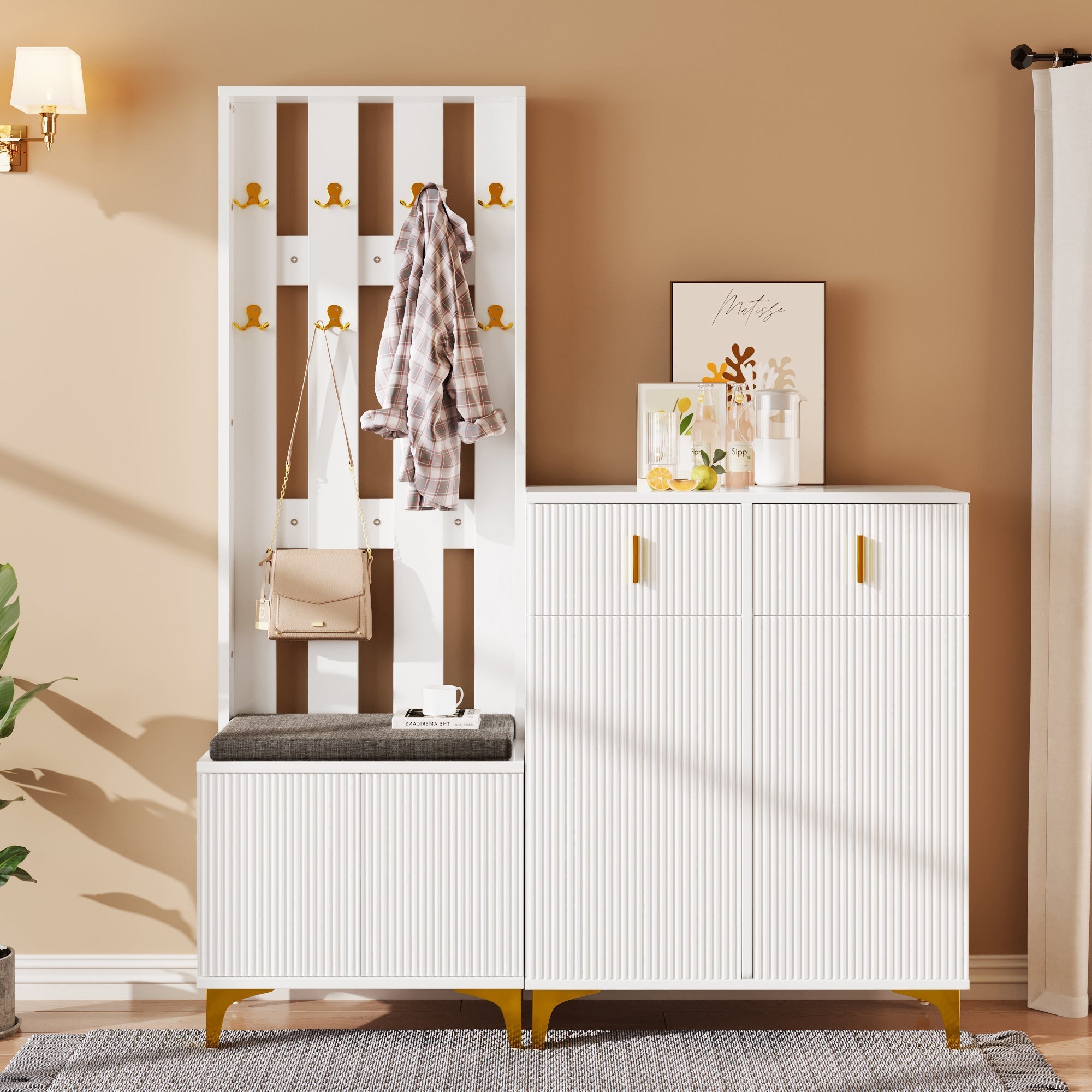 Wardrobe Set with Shoe Bench, Hooks, Drawers & Doors