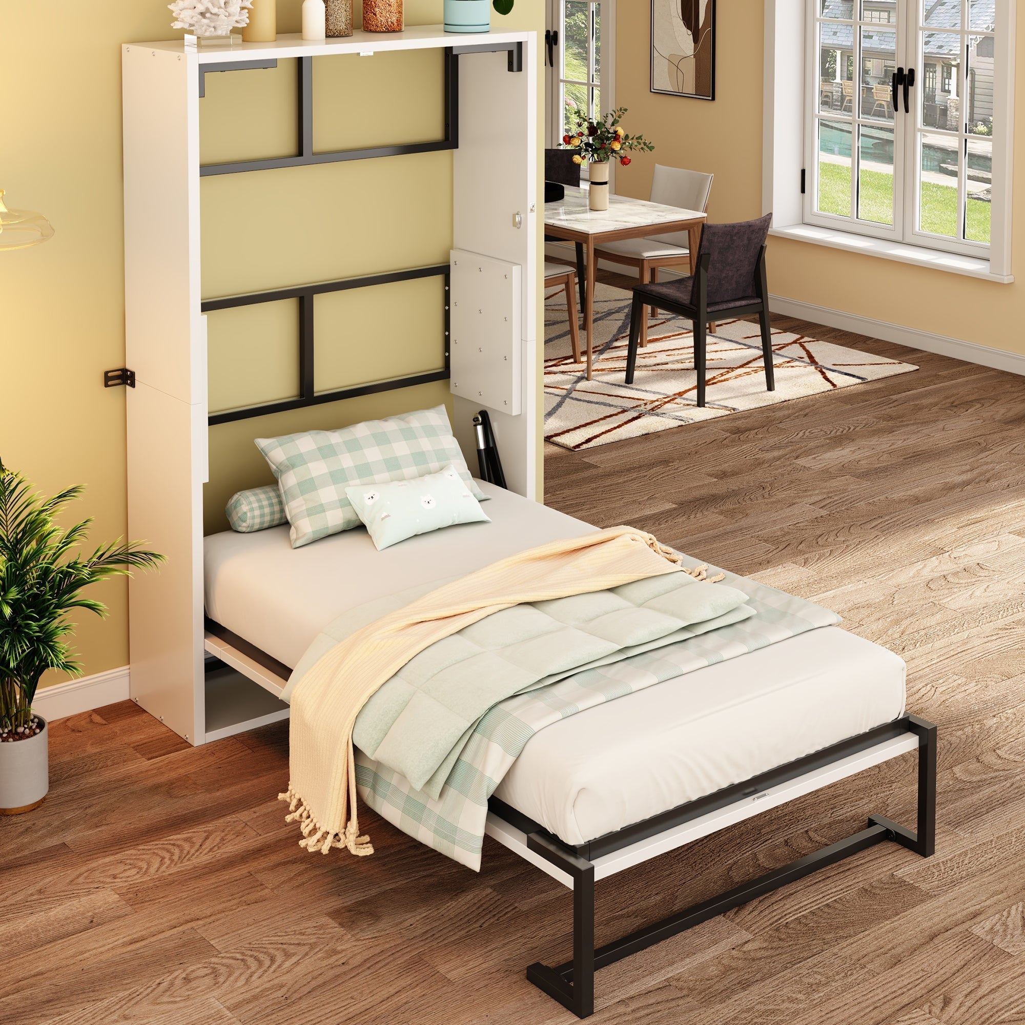 Murphy Wall Bed with Folding Metal Frame and Lockable Mounting, 90x200cm, Metal and Wood