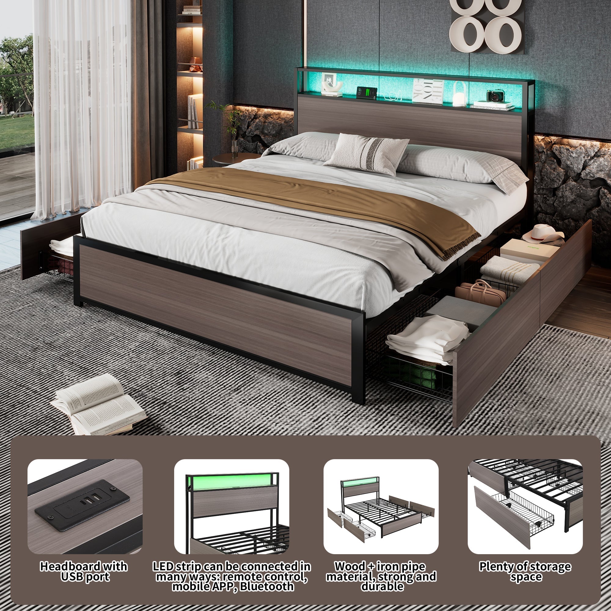 Metal Bed, 4ft6 Double with LED Lights, 4 Drawers, and USB/Type C Ports, Wrought Iron Grey