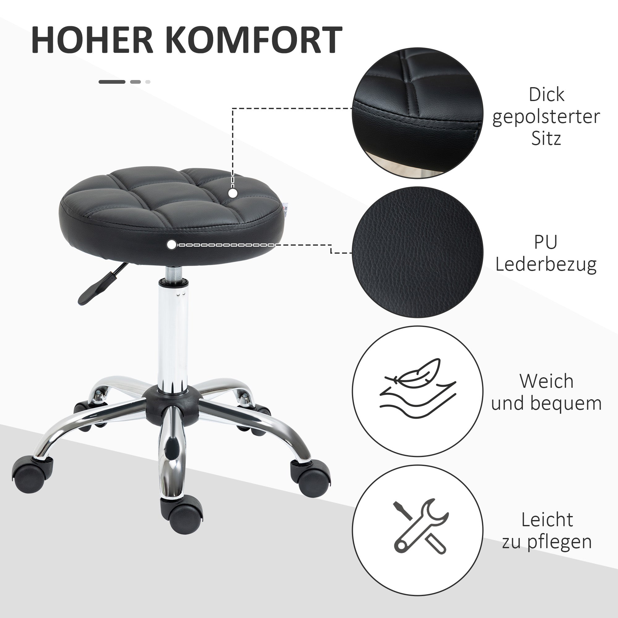 Salon Stools, Height Adjustable Swivel Rolling, Faux Leather Black