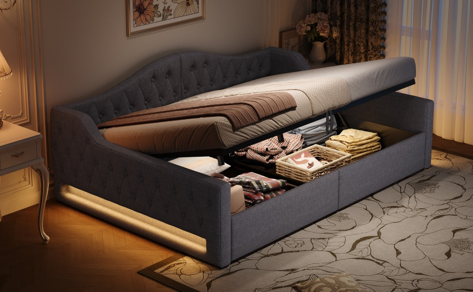 Daybed Upholstered 140x200cm LED Storage - Grey