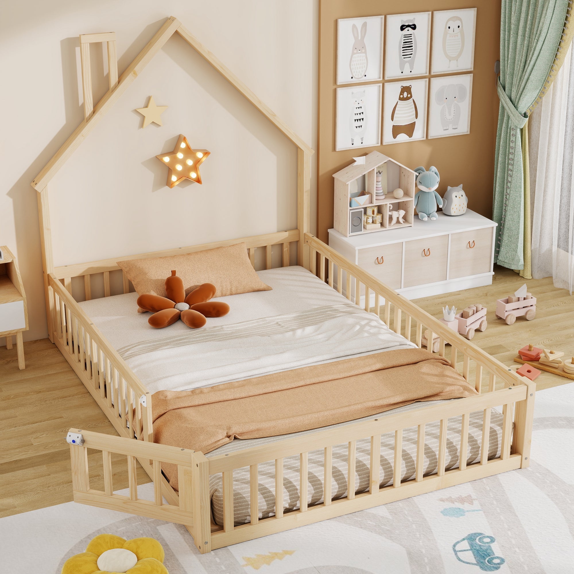 House Bed 140x200cm Chimney Shape Slatted Base Pine Wood Natural