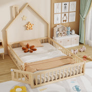 House Bed with Chimney Shape and Slatted Base, 140x190cm, Natural Pine Wood