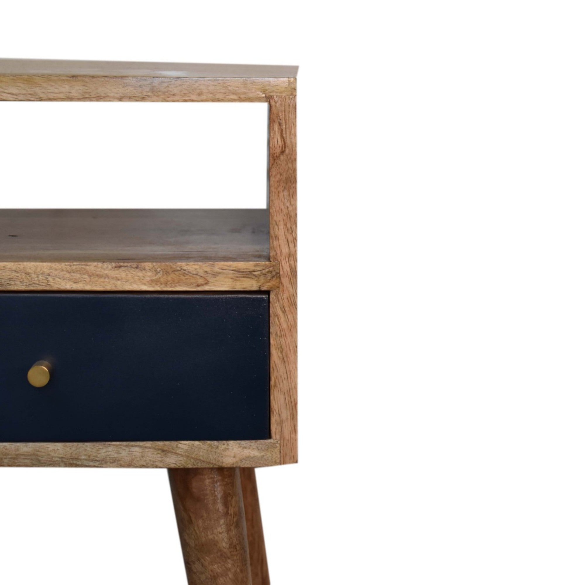 Solid Wood Bedside, Mini 1 Drawer Open Shelf, Navy Blue Hand Painted Light Brown
