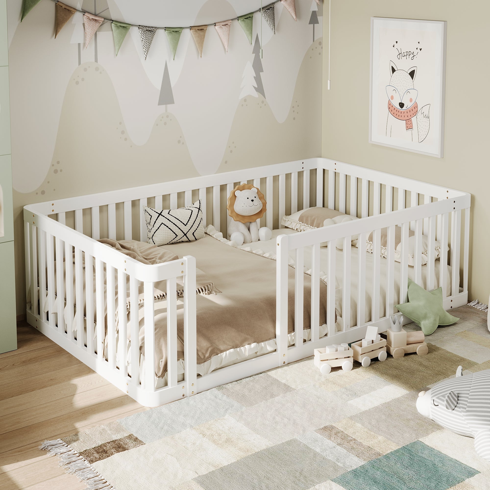 Wooden Bed Frame with Safety Fence, 90x200cm, White Pine Wood