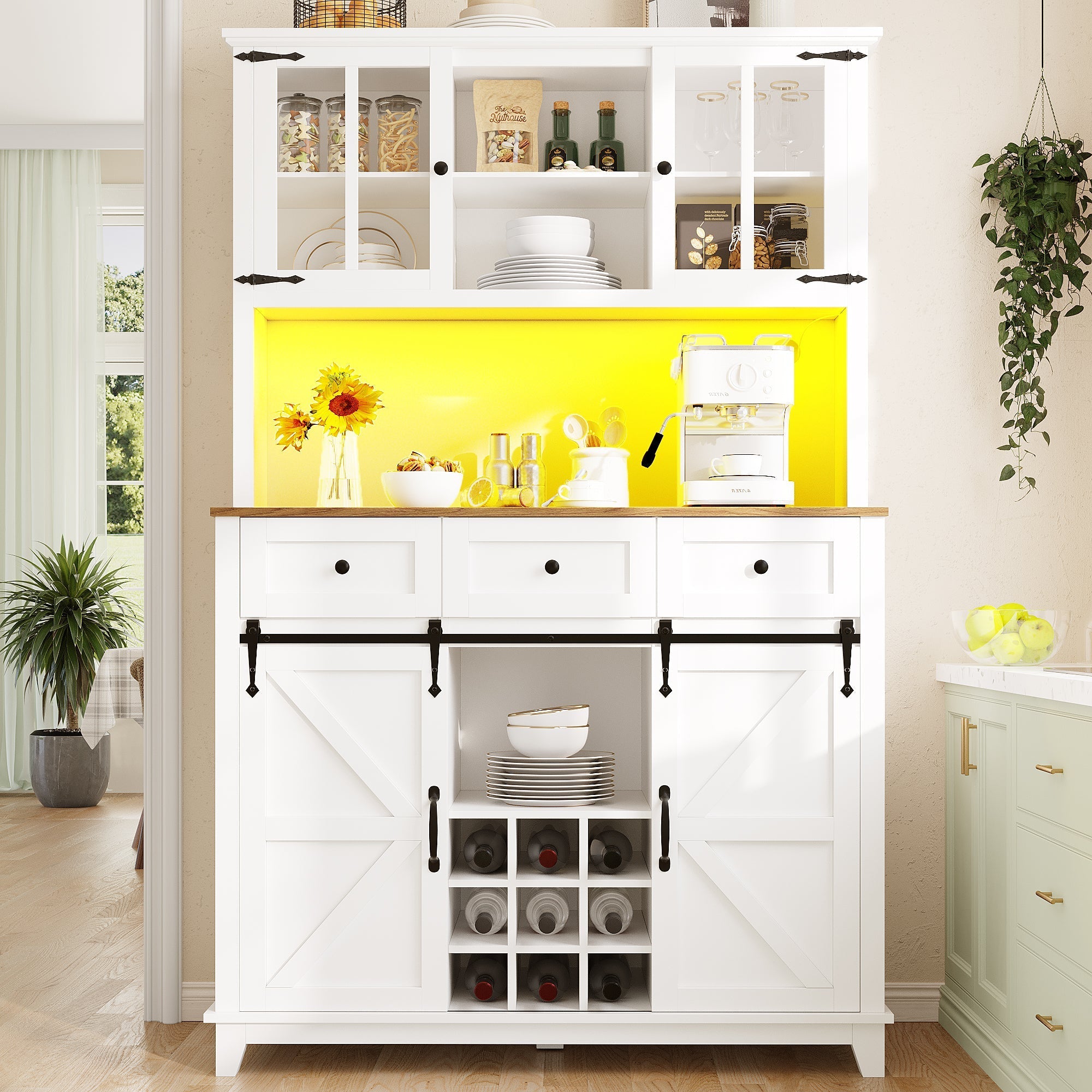 Tall Kitchen Cabinet with LED Lighting and Adjustable Shelves, White