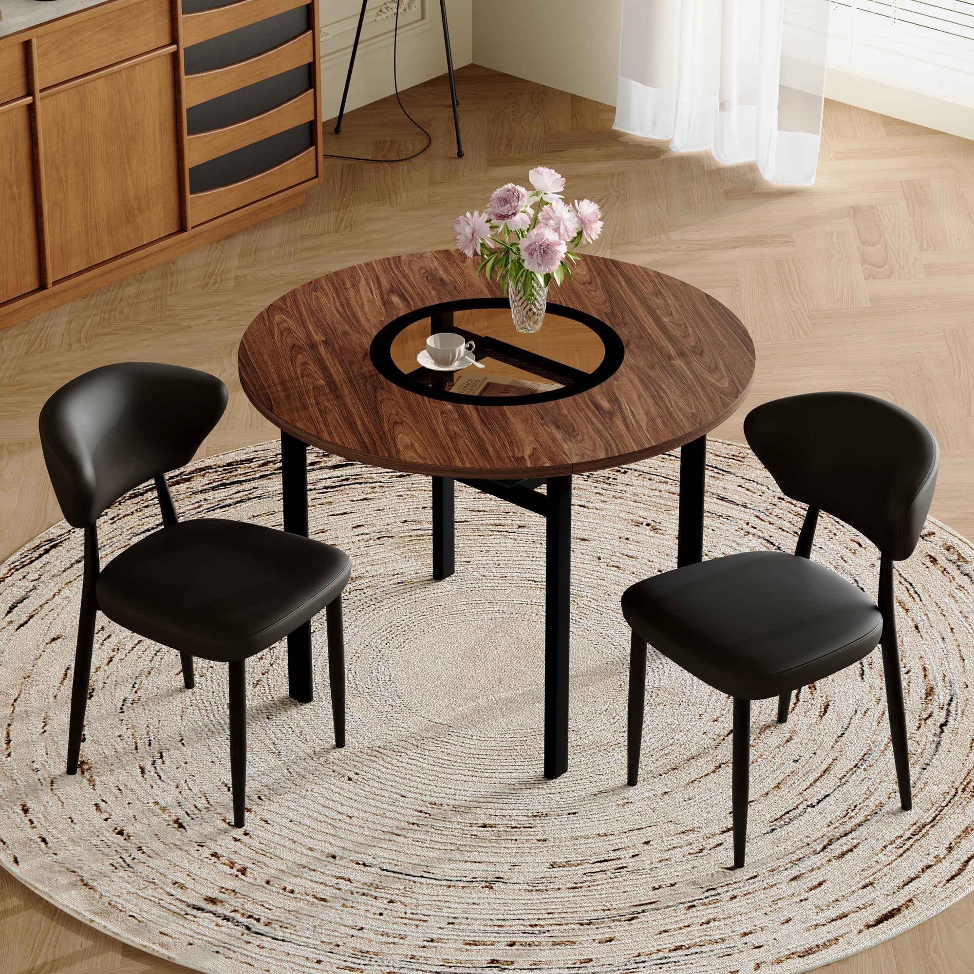 Round Table Set Modern Minimalist 100cm with 2 PU Armchairs - Wood Look/Black