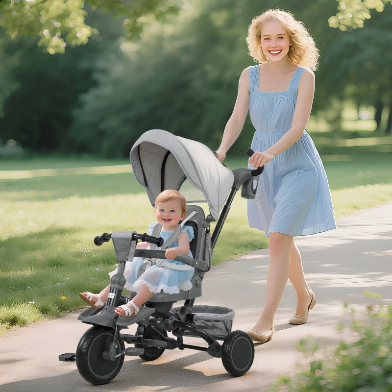 Children's Tricycle, 6-in-1 Buggy for Toddlers with Adjustable Seat and Foldable Design, Grey