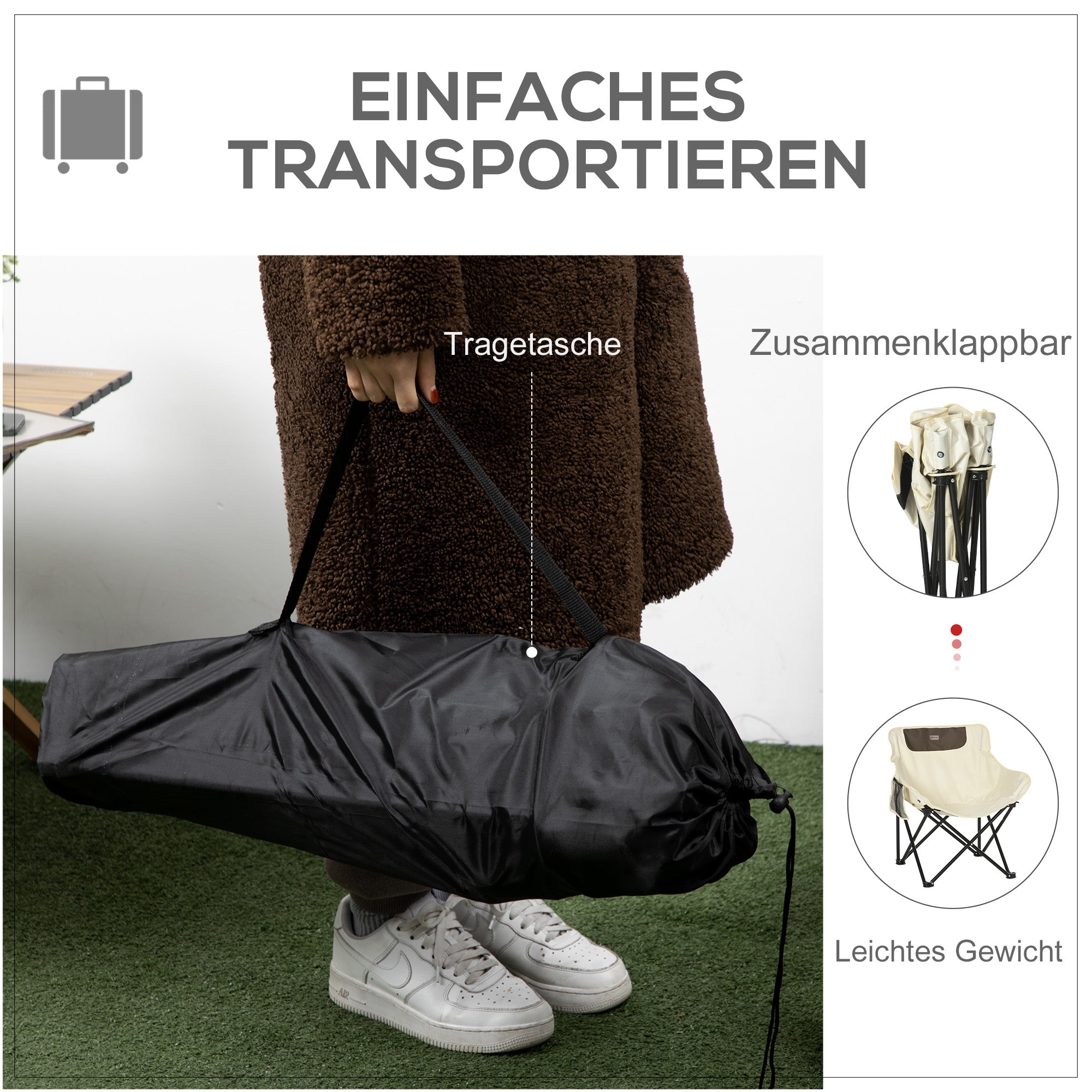 Camping Chair Foldable, Side Pocket Steel Legs, Oxford White