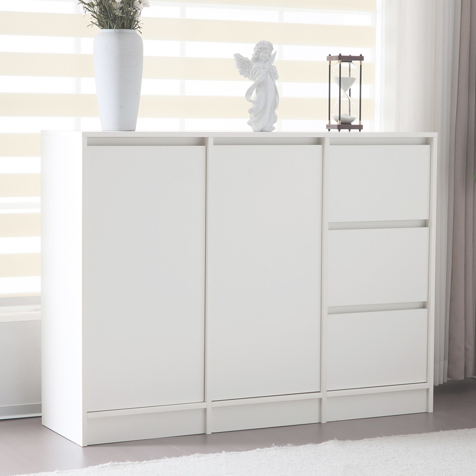 Modern Sideboard Chest of Drawers Shoe Cabinet with Storage, Two Doors, Three Drawers, Adjustable Shelf, White