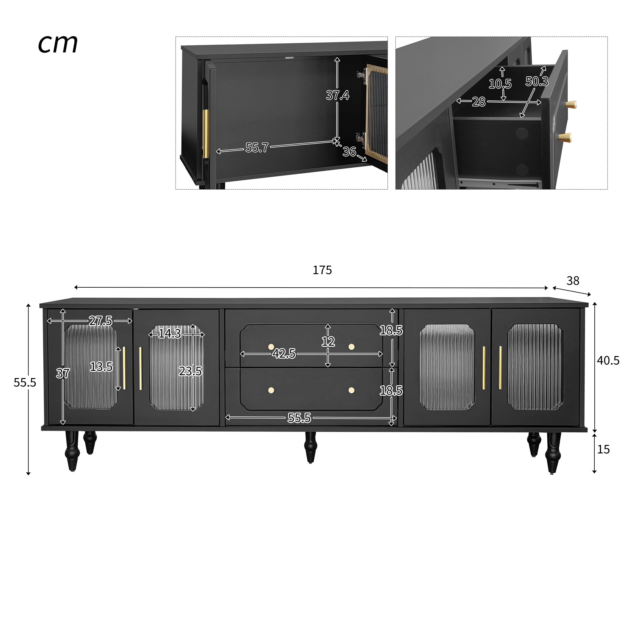TV Cabinet, Retro Lowboard with Gold Handles, Glass Door, Solid Wood Legs
