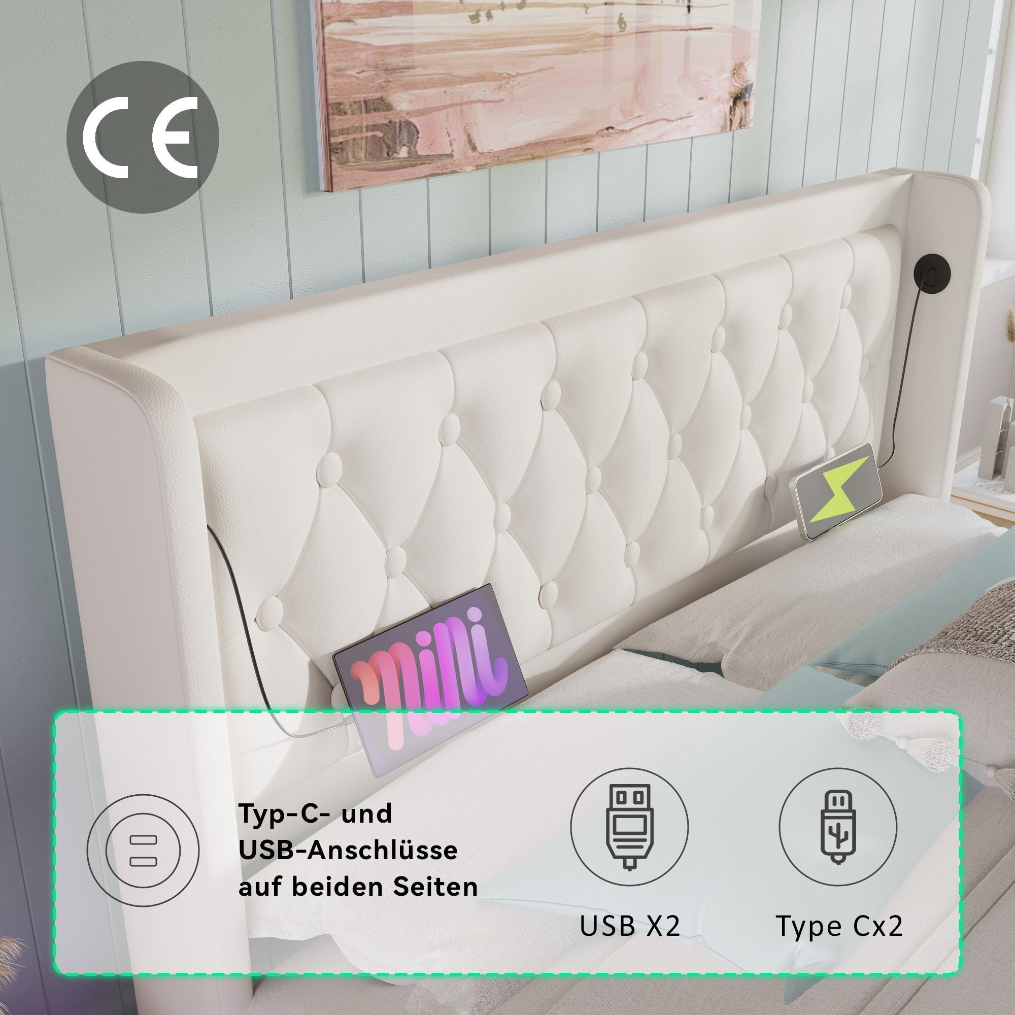 Upholstered Double Bed, 140*200cm Hydraulic Storage with LED & USB, White PU