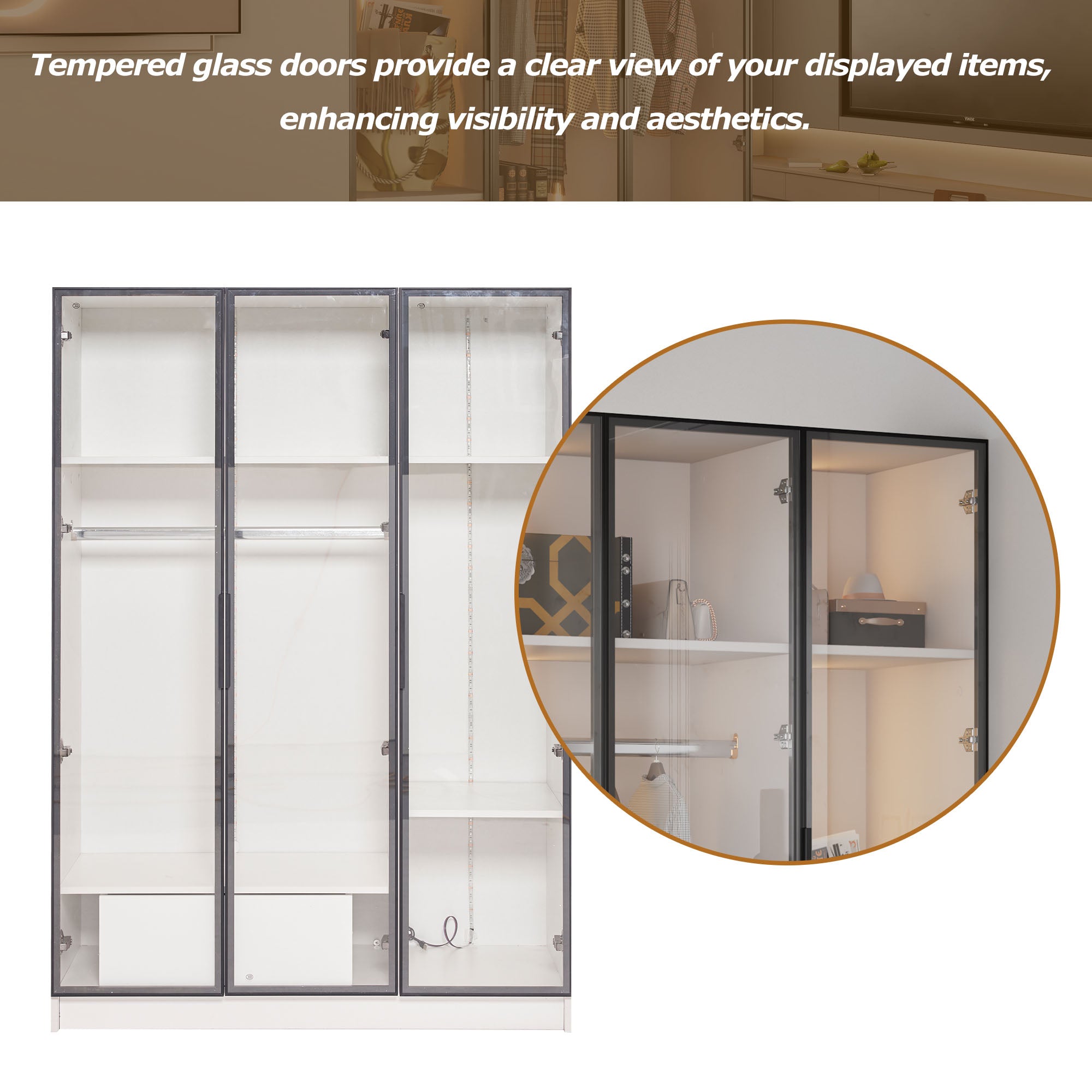Wardrobe, 3 Glass Doors, 1 Drawer, 1 Clothes Rail, 110x50x160 cm, White with LED Light
