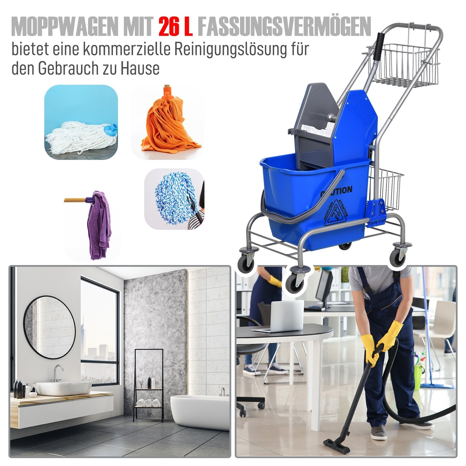 Reinigungswagen, 26-Liter-Eimer mit Backenpresse, Blau