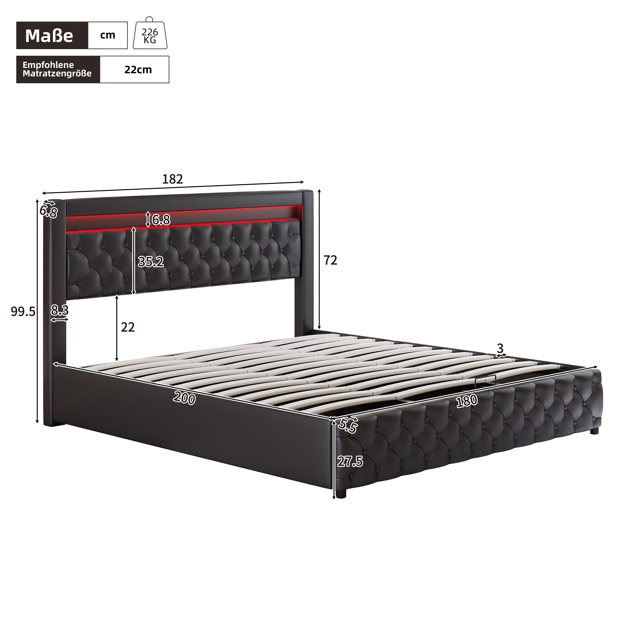 Upholstered Bed 180x200cm, Double Storage Bed with Drawers and LED Light Strip, Black PU