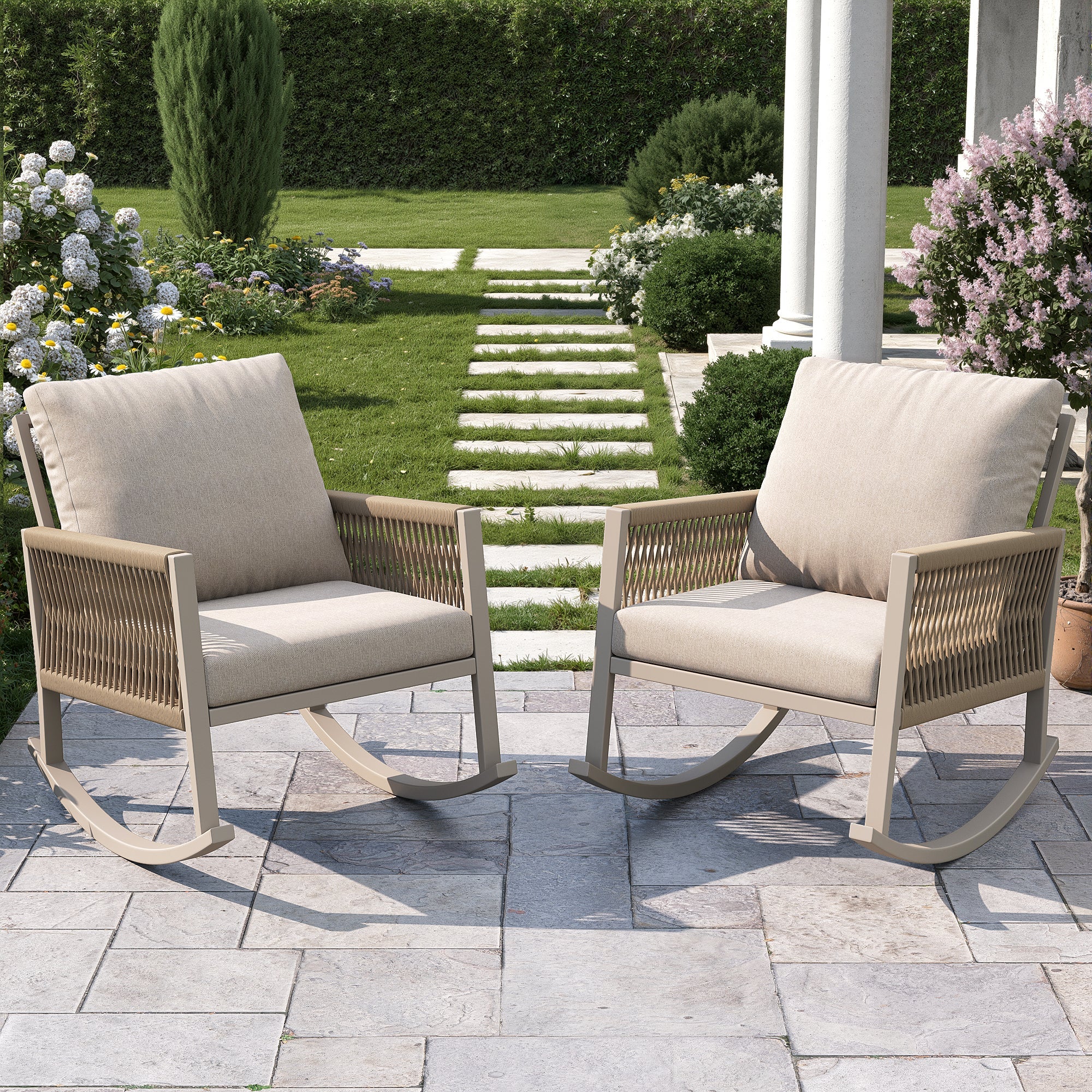 Outdoor Rocking Chair with Cross-Rope Weaving and Cushions, Weatherproof Metal Frame
