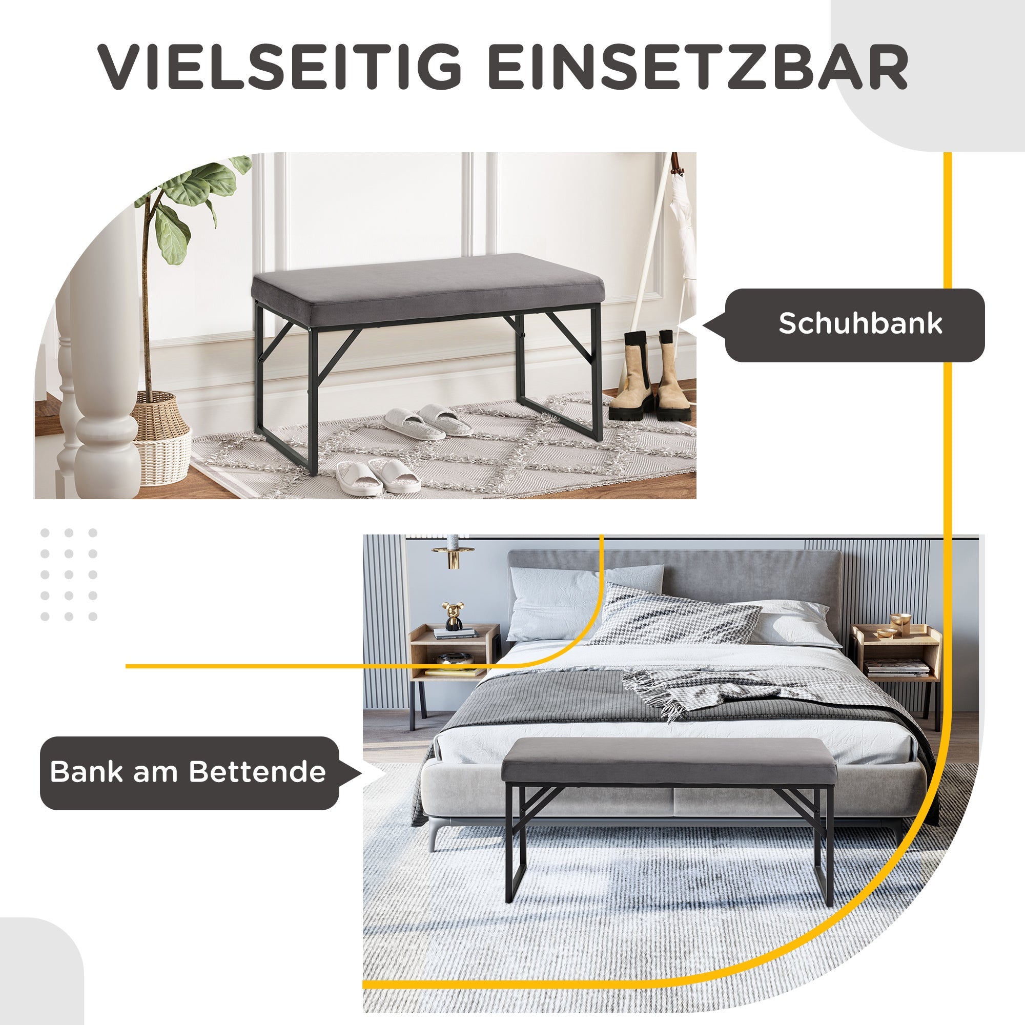 Upholstered Bench Bed/Dressing/Hallway Bench for Living Room & Bedroom, Velvet Look Dark Grey