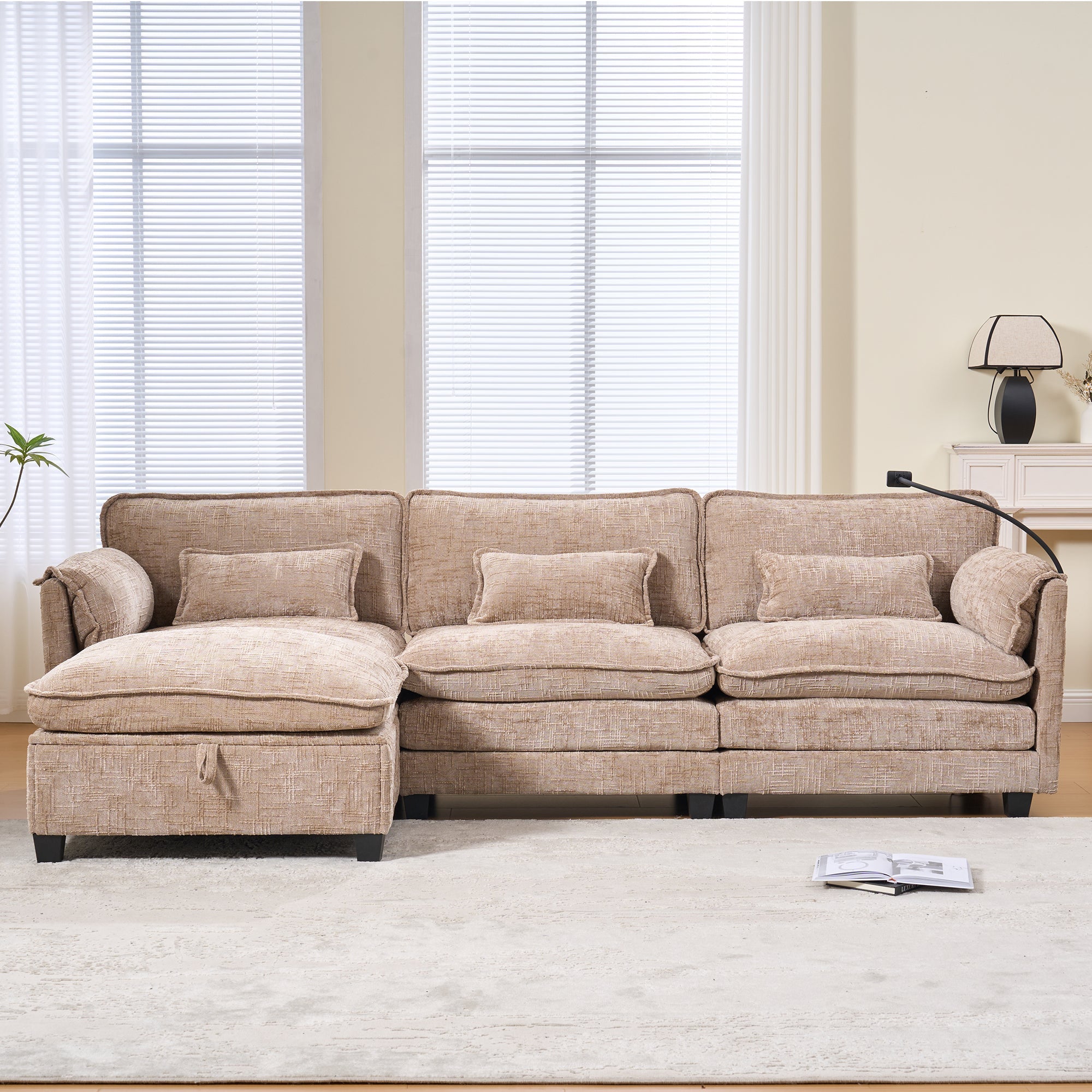 Modern 2-seater Sofa USB Storage Modular Footstool - Khaki Chenille