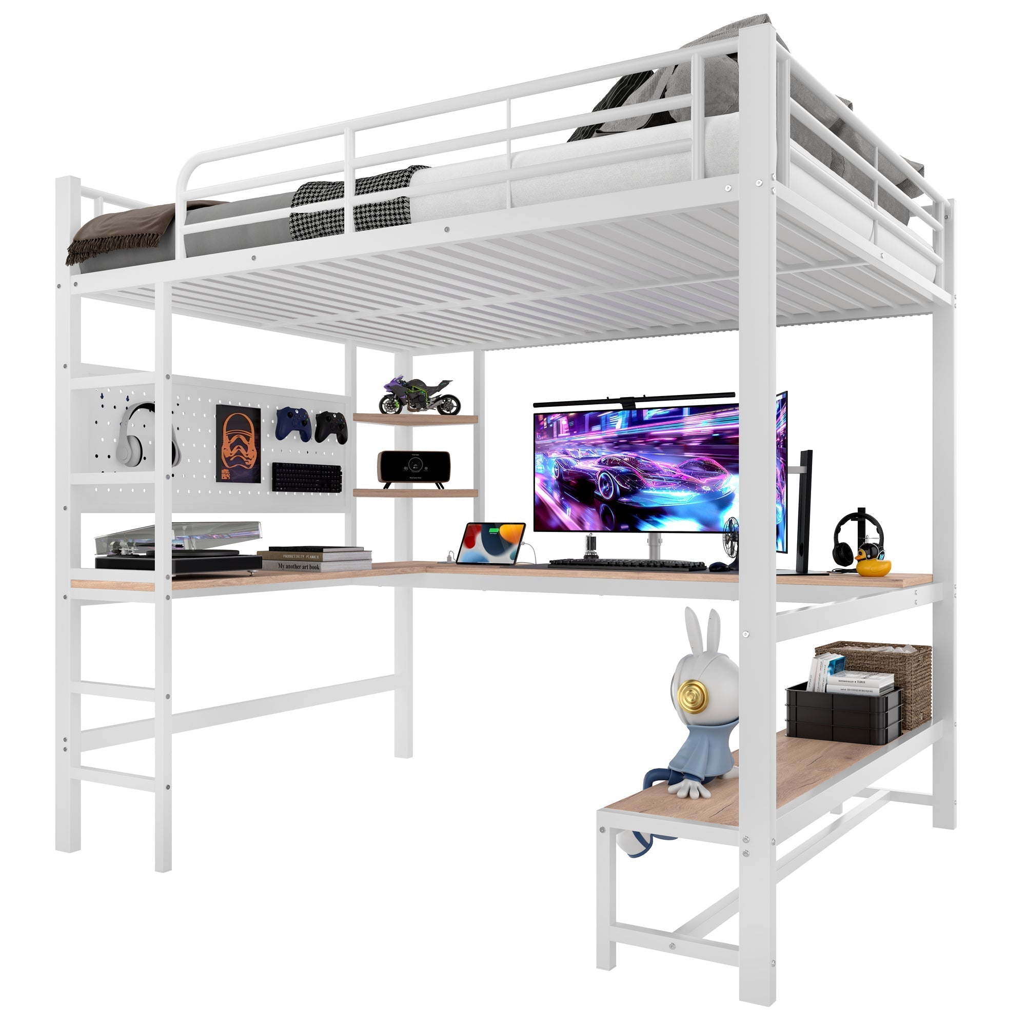 Loft Bed with Desk, Shelves, LED and USB Sockets, White Metal and MDF