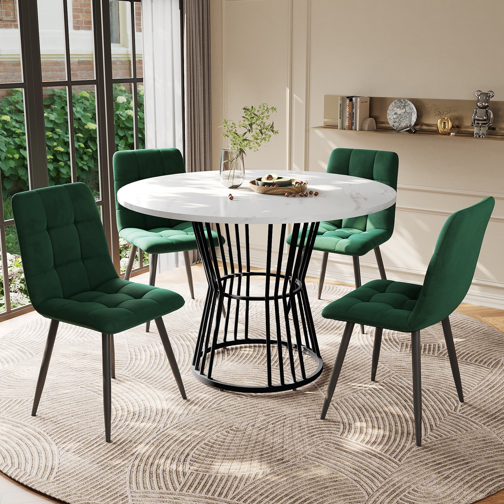 Dining Table Set 5-Piece Round 100cm Black Metal White MDF Green Velvet