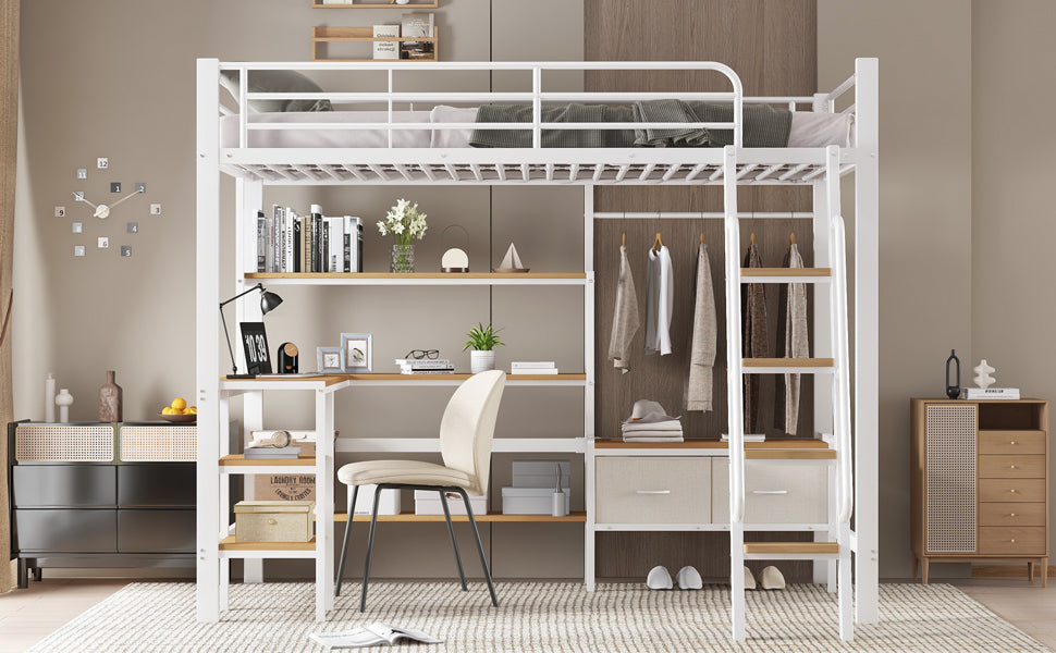 Loft Bed with Desk, Storage, Slanted Staircase, 90x200cm, Iron/MDF White/Natural