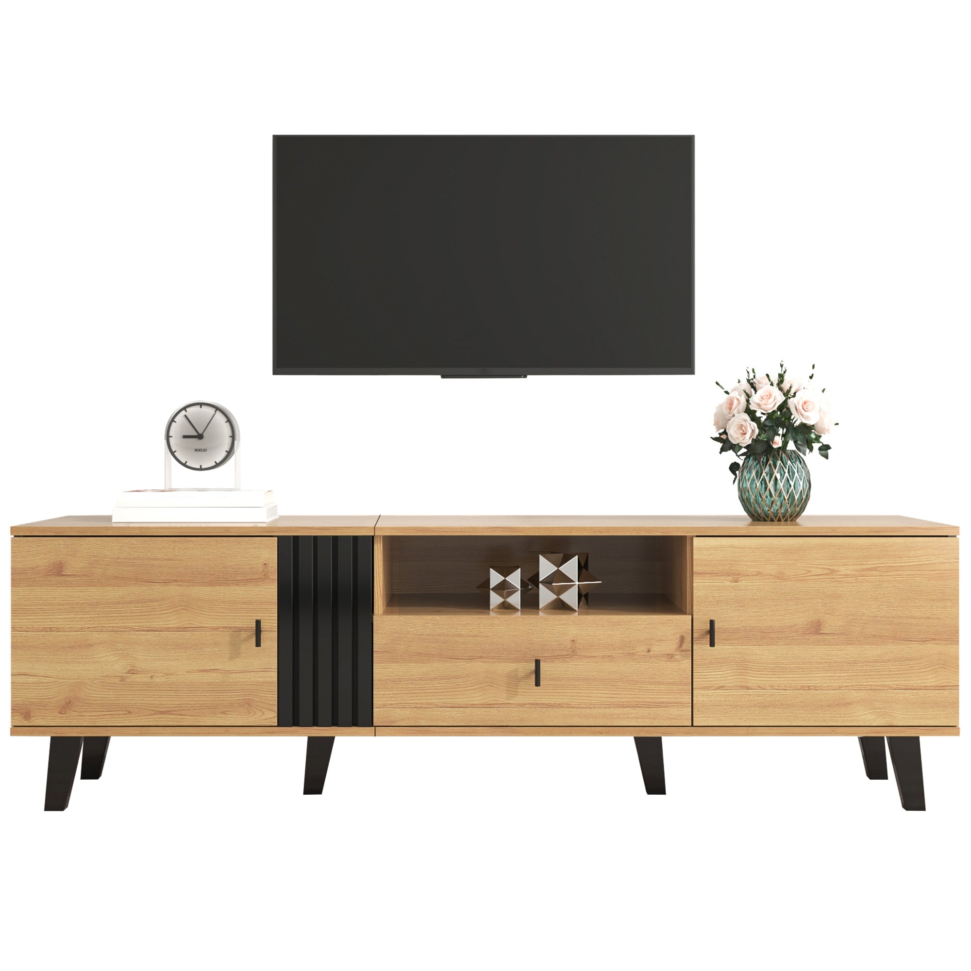 Stylish Elegance TV Cabinet, 170 cm Lowboard with Drawers, Wood and Black