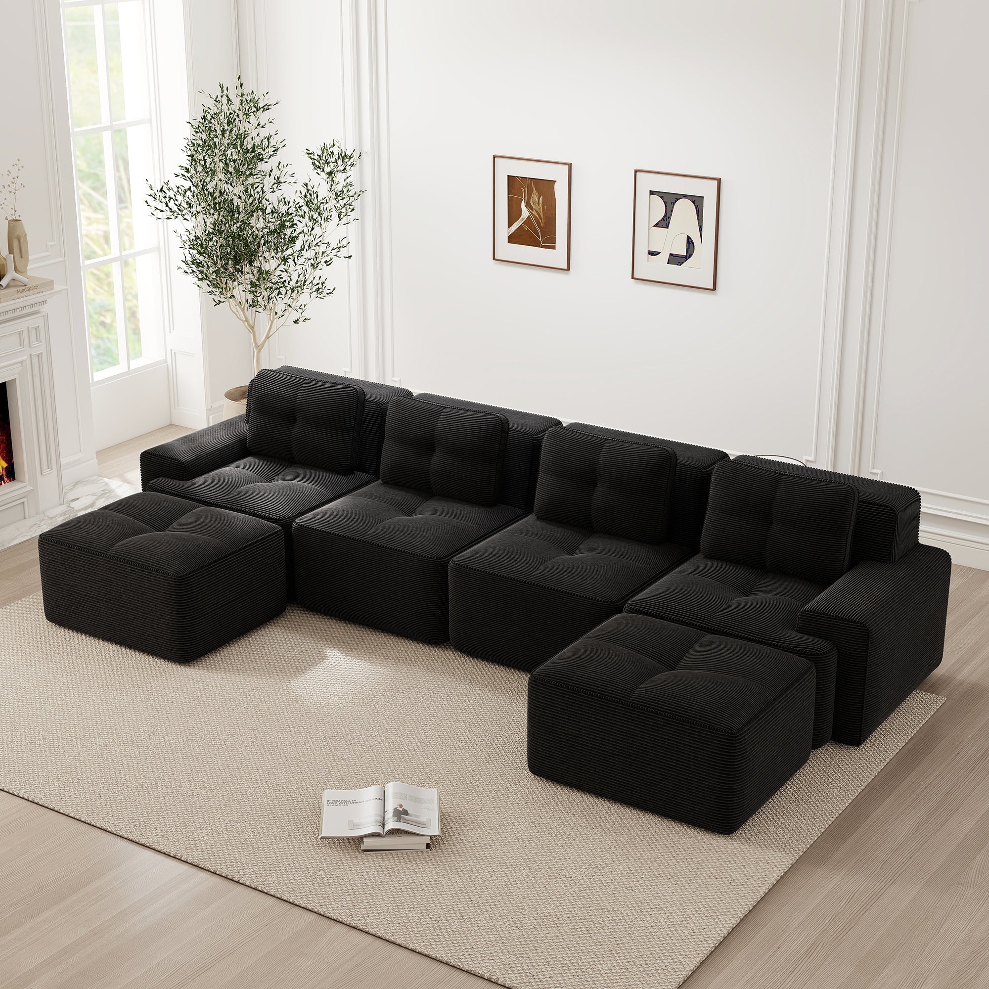 Modular Cloud Sofa U-Shaped Chaise Lounge 4-Seater Corduroy Black