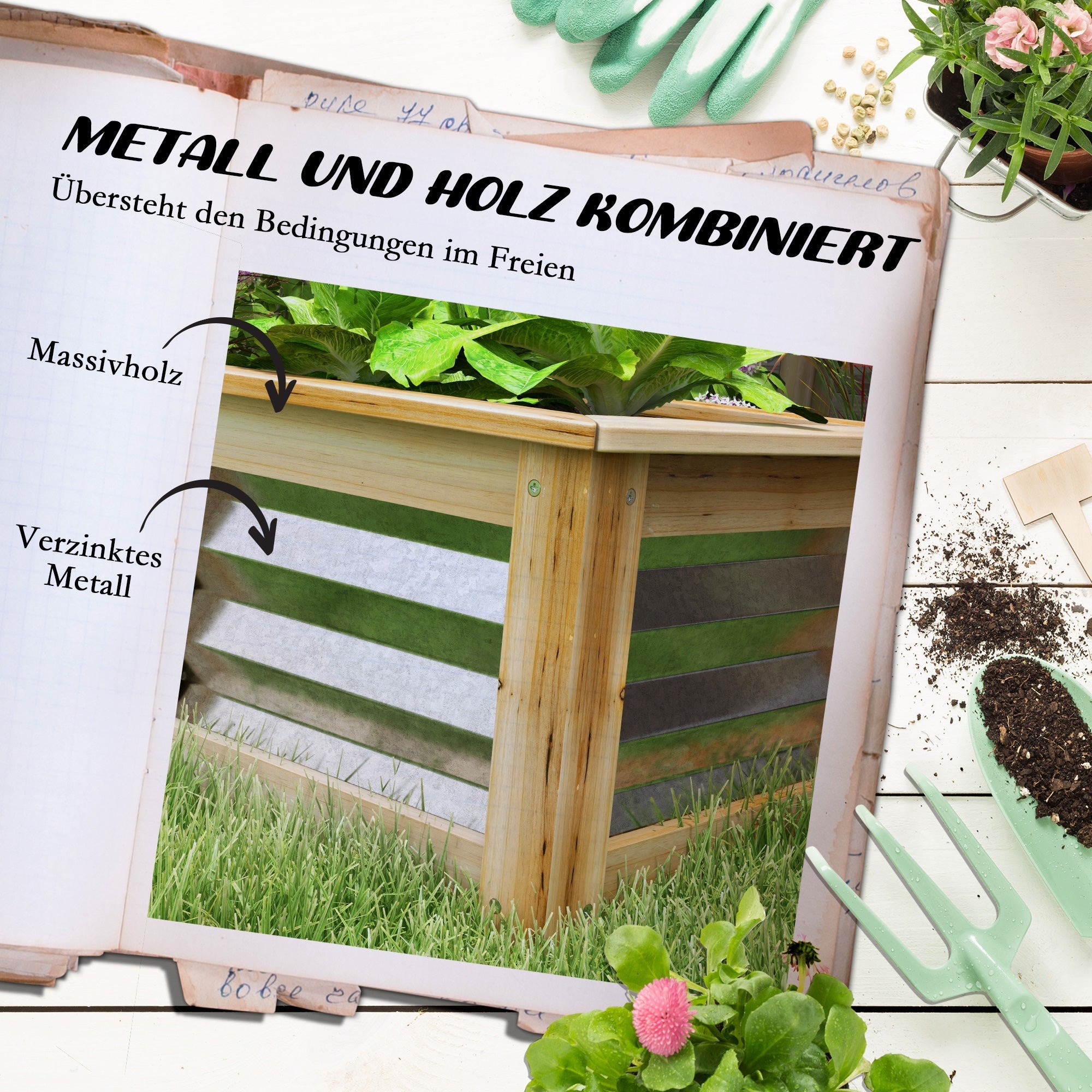 Hochbeet, Blumenkasten, Metall & Holz