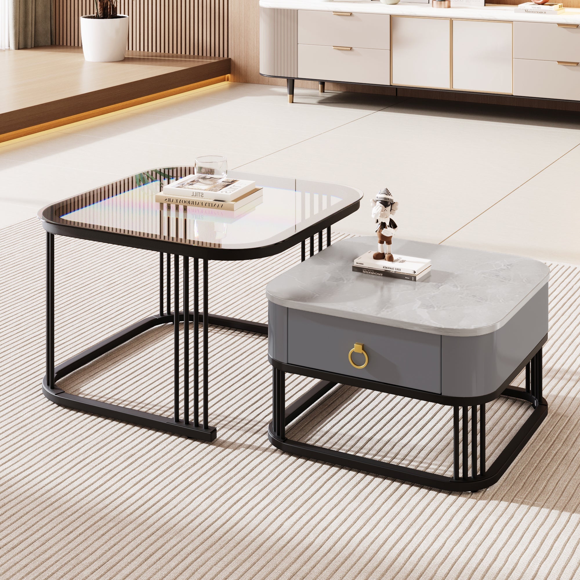 Stackable Coffee Table: High-Gloss Marble Look, Glass Top, Black Legs