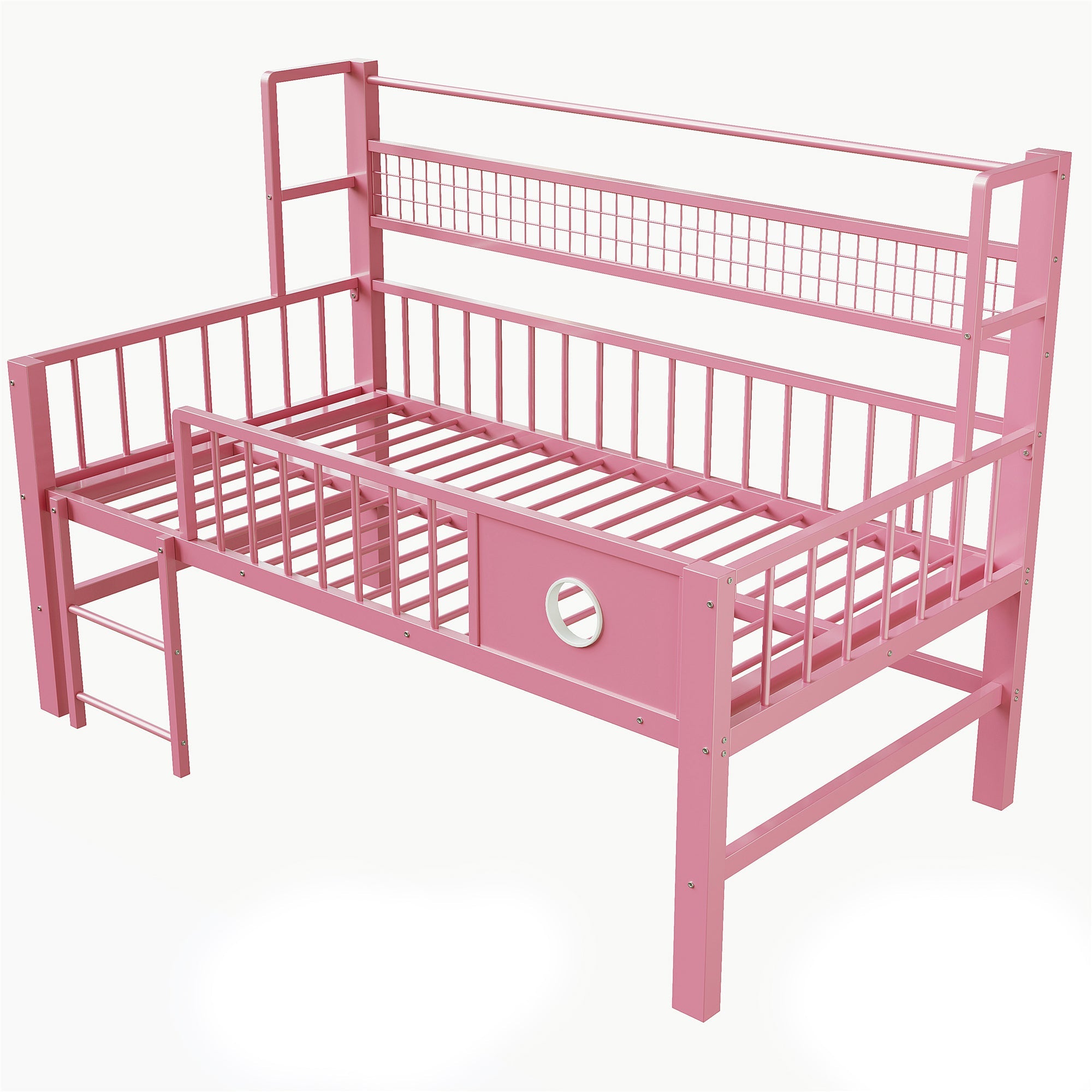 Low Loft Bed with Storage Compartments, 90x200cm, Pink Metal Frame