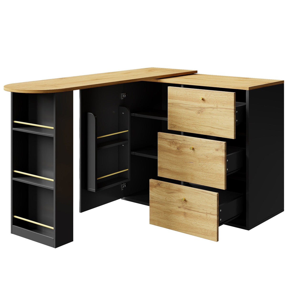 Extendable Bar Table 360° Rotating Storage - Wood Grain