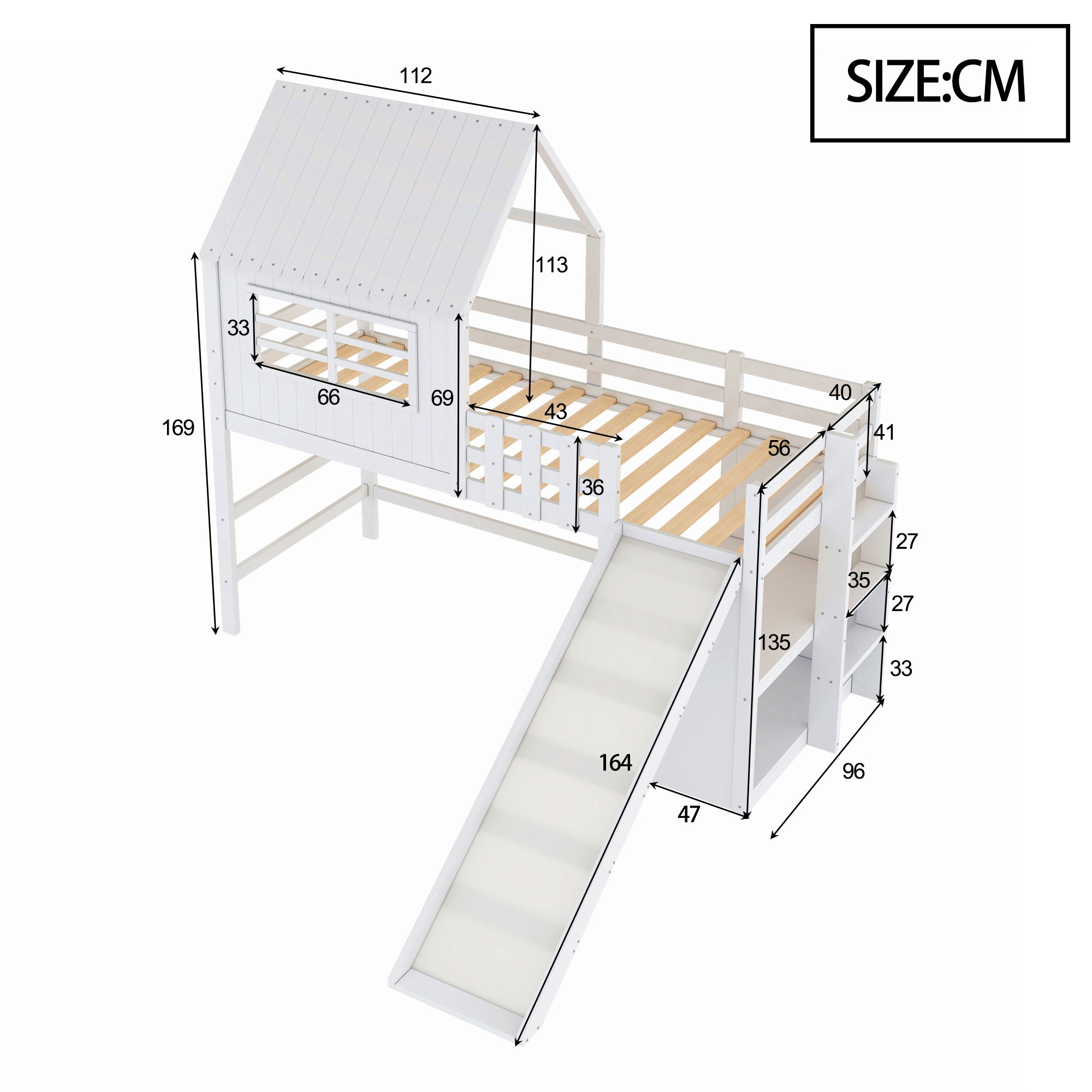 Children's Bed 90x200cm, Attic Design with Ladder, Slide & Storage, Solid Wood, White
