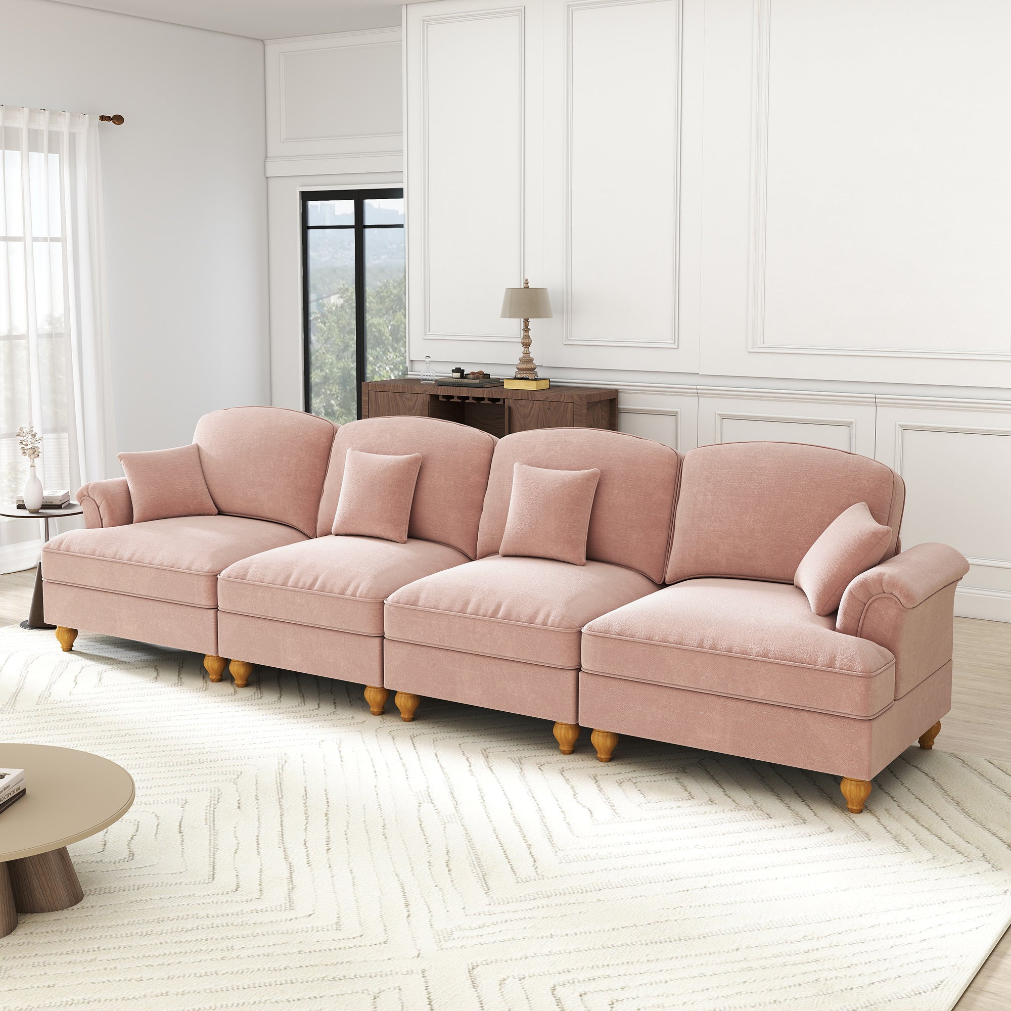 Large 4-Seater Sofa Mid-Century Style Spindle Legs Chenille Pink