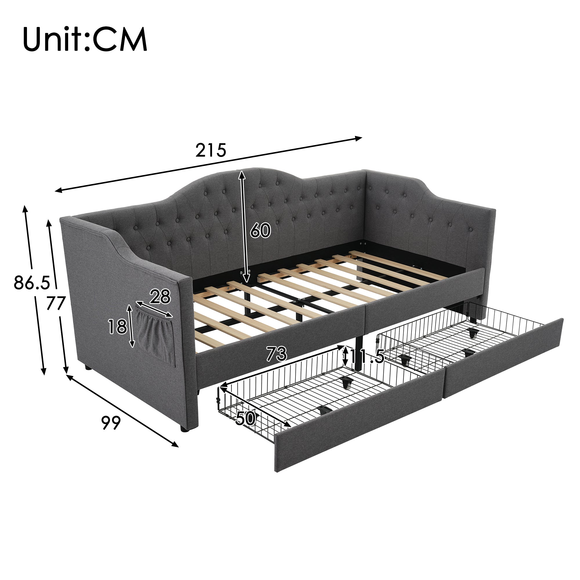 Upholstered Bed Daybed Sofa Bed Storage Bed with USB-C, 2 Drawers, 90x200cm, Grey Linen